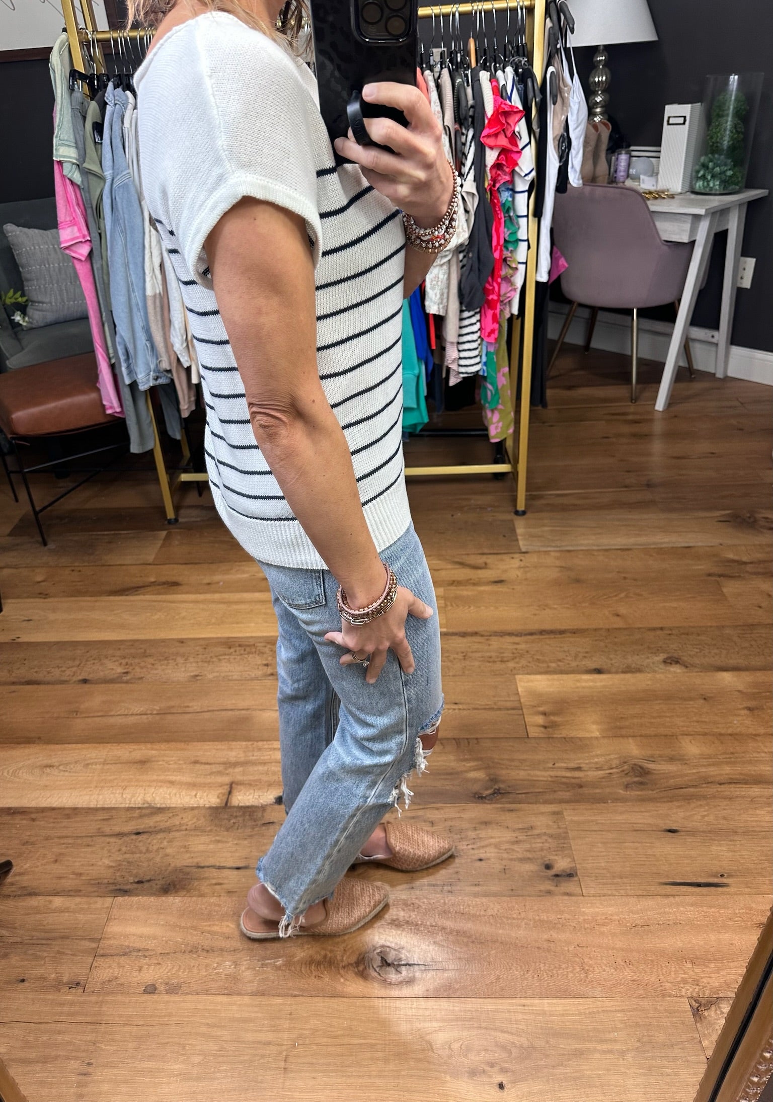 Namely Nautical Short Sleeve Striped Sweater - Ivory/Navy-Sweaters-Staccato 54520-Anna Kaytes Boutique, Women's Fashion Boutique in Grinnell, Iowa