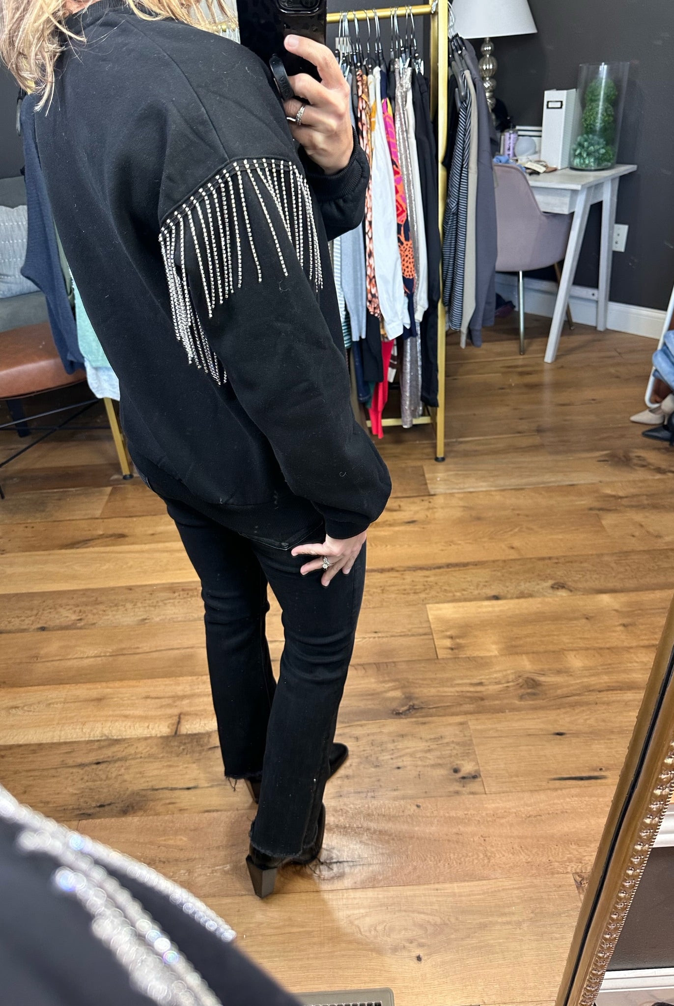 Feelin’ Alright Rhinestone Sleeve Crew - Black-Long Sleeves-Skies Are Blue 45499-Anna Kaytes Boutique, Women's Fashion Boutique in Grinnell, Iowa