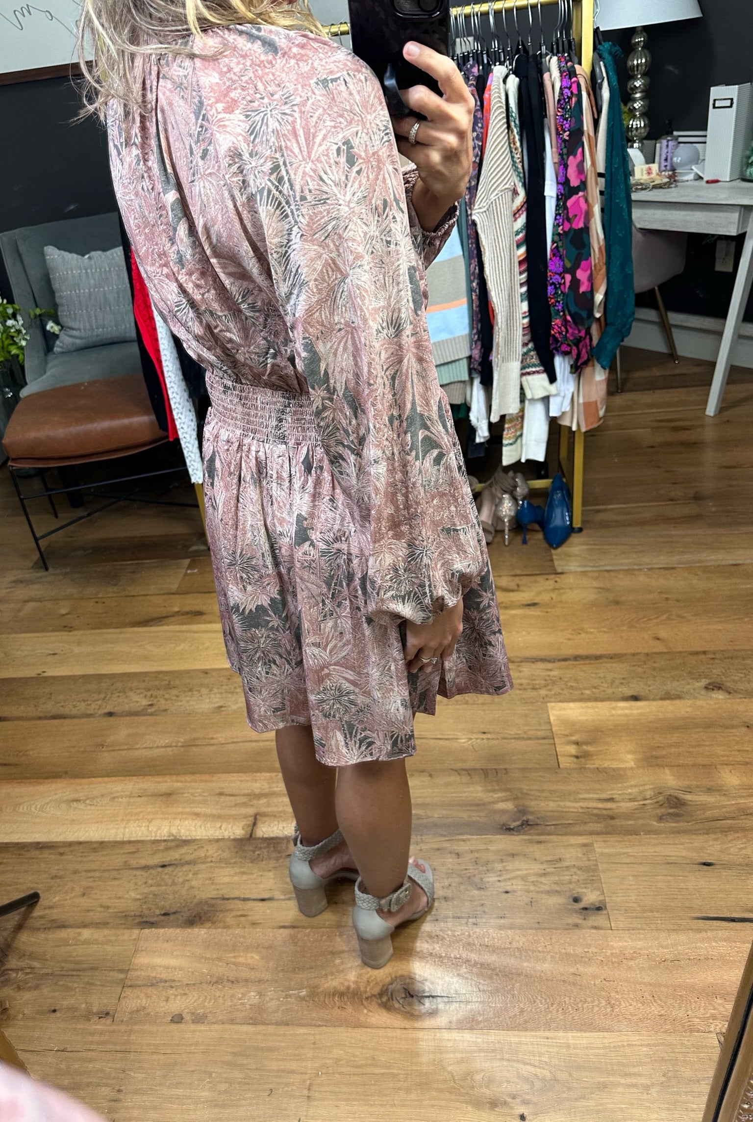 Better Than Real Floral Smock Detail Dress - Mauve/Grey-Dresses-Entro D21673-Anna Kaytes Boutique, Women's Fashion Boutique in Grinnell, Iowa