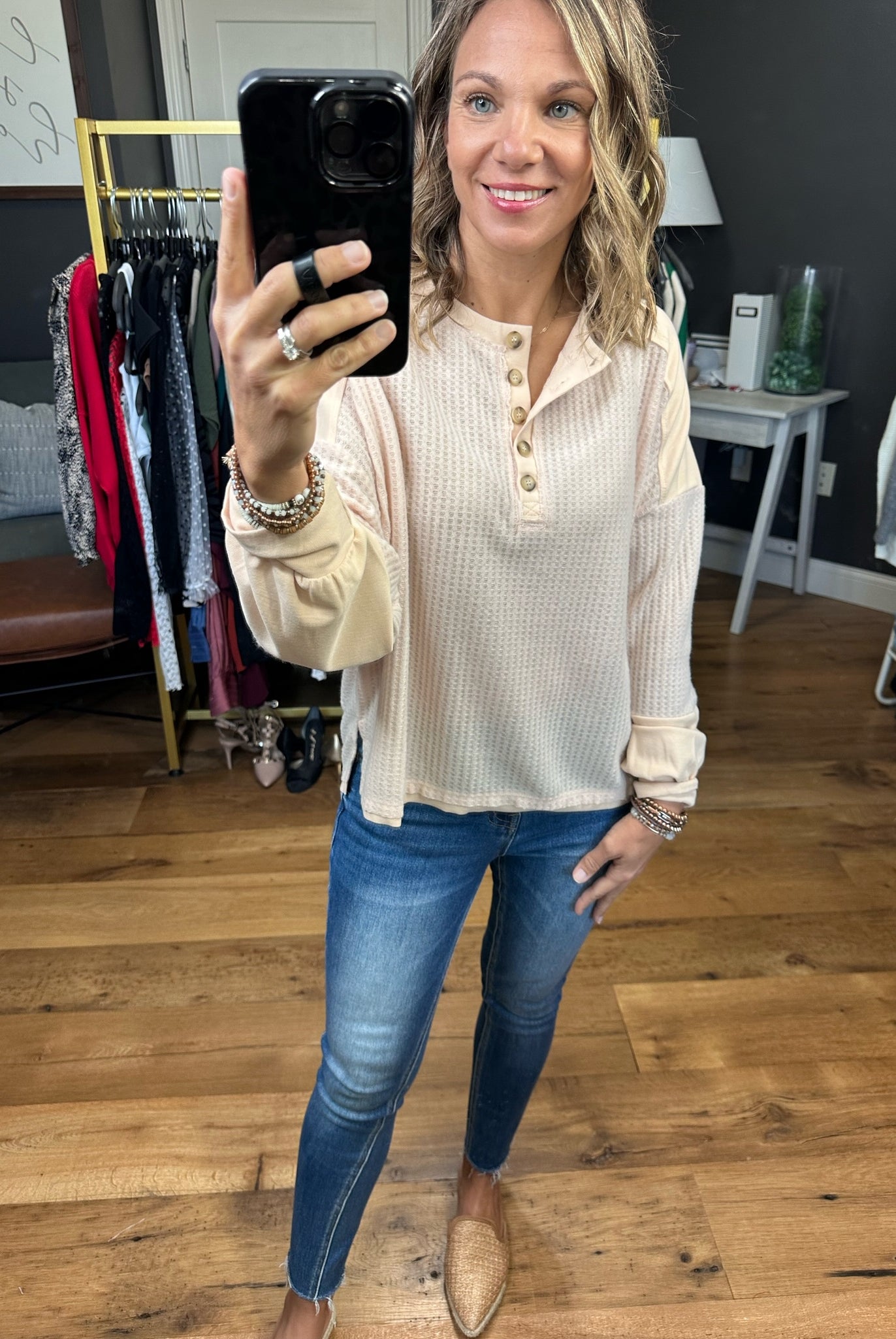 Major Feeling Henley Longsleeve Waffle Top - Oatmilk-Long Sleeves-Wishlist WL23-7680-Anna Kaytes Boutique, Women's Fashion Boutique in Grinnell, Iowa
