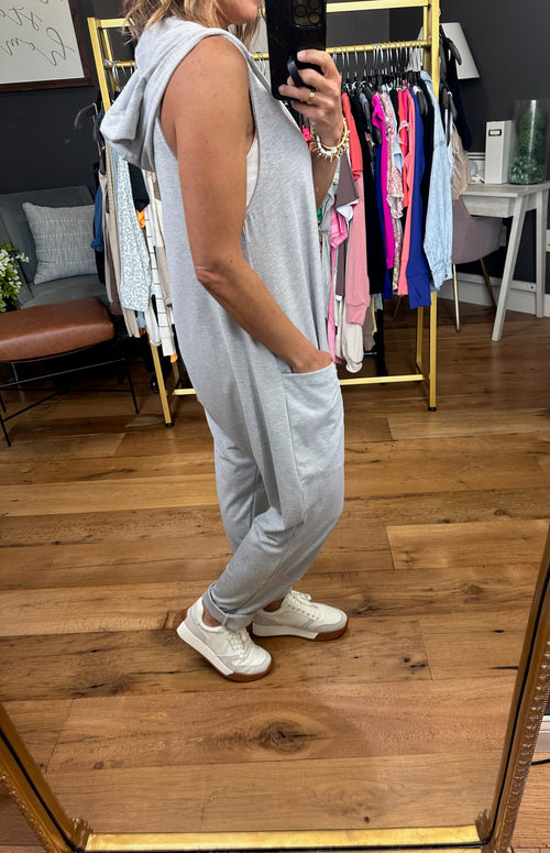 For Today Sleeveless Hooded Jumpsuit - Heather Grey-Bucketlist R5390-Anna Kaytes Boutique, Women's Fashion Boutique in Grinnell, Iowa