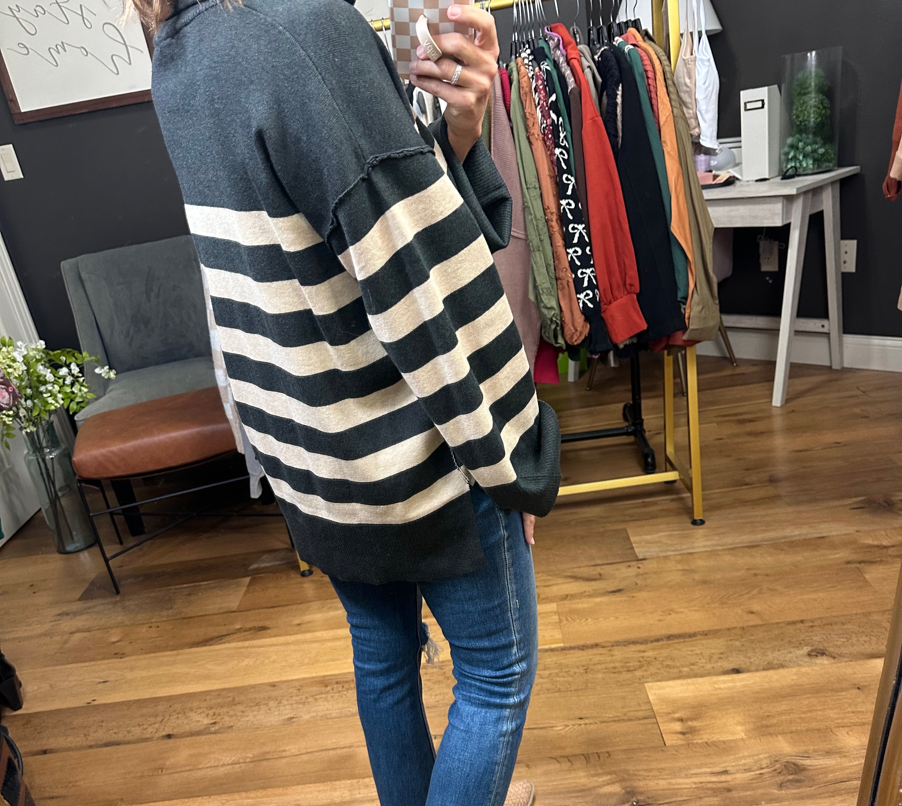 Brittany Mocha and Charcoal 1/2 Zip Striped Knit-Entro-Anna Kaytes Boutique, Women's Fashion Boutique in Grinnell, Iowa