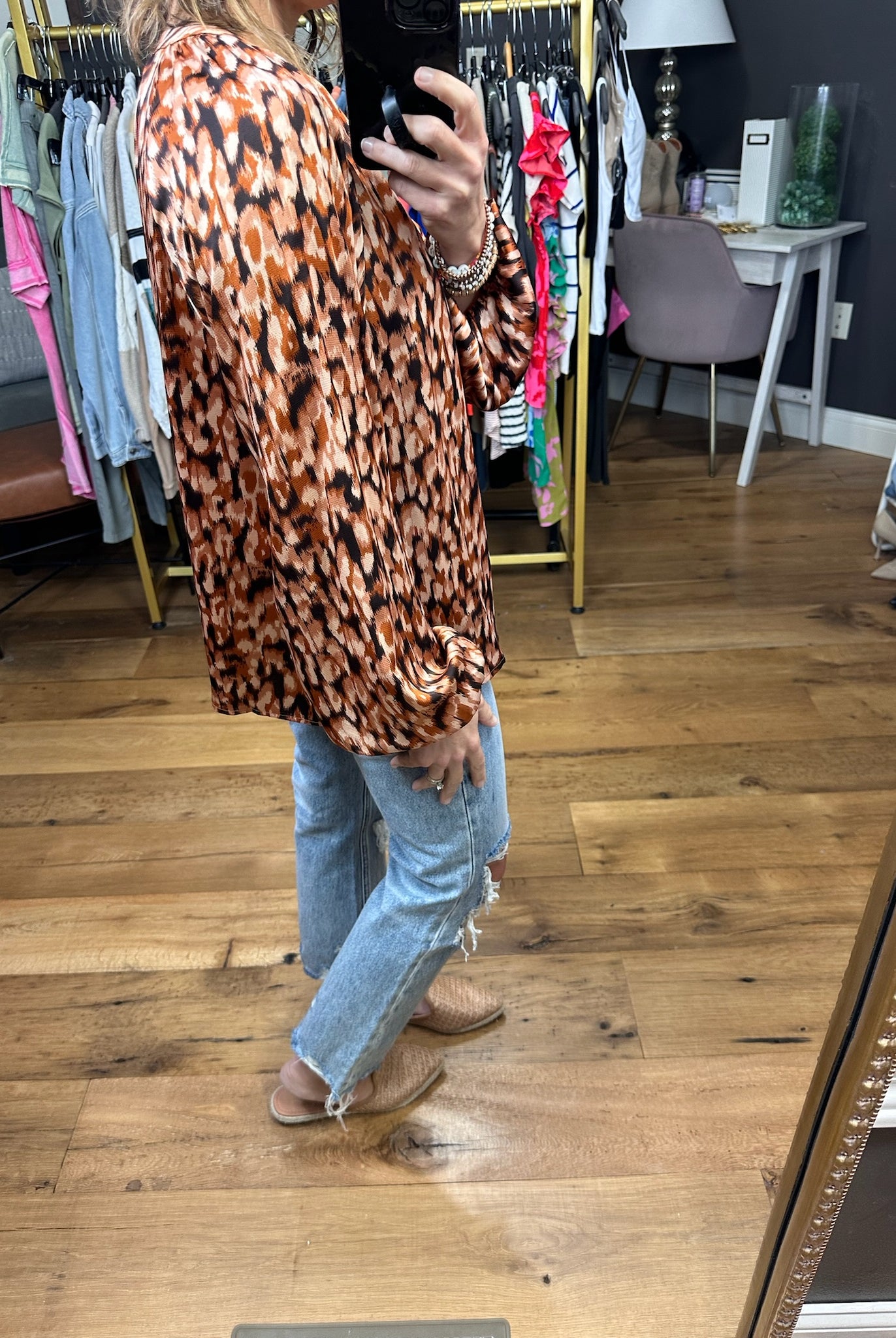 Clock Is Ticking Patterned Balloon Sleeve Top - Brown Multi-Long Sleeves-Skies Are Blue 43636-Anna Kaytes Boutique, Women's Fashion Boutique in Grinnell, Iowa