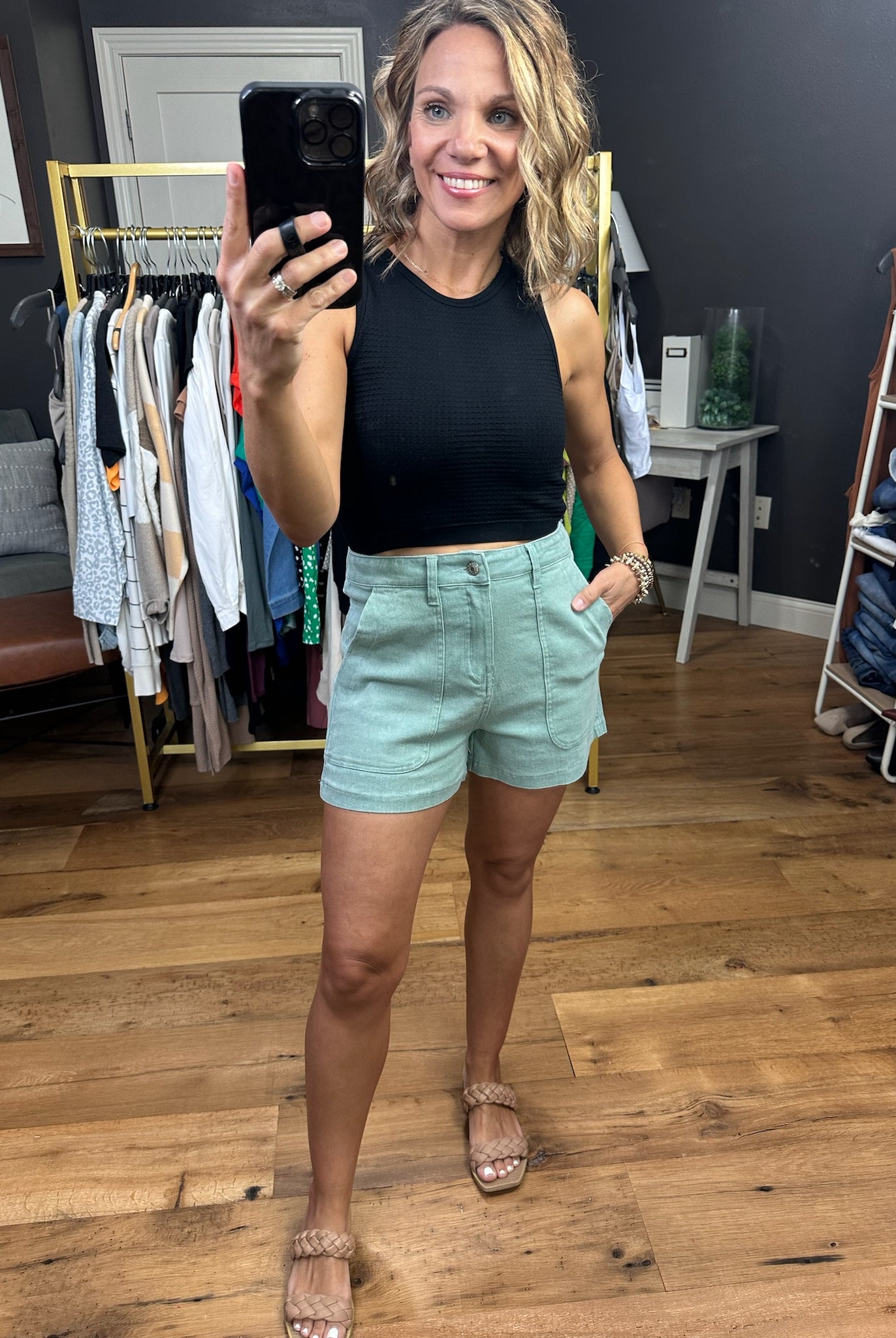 The Brielle High-Rise Utility Shorts - Seafoam-Shorts-Entro-Anna Kaytes Boutique, Women's Fashion Boutique in Grinnell, Iowa