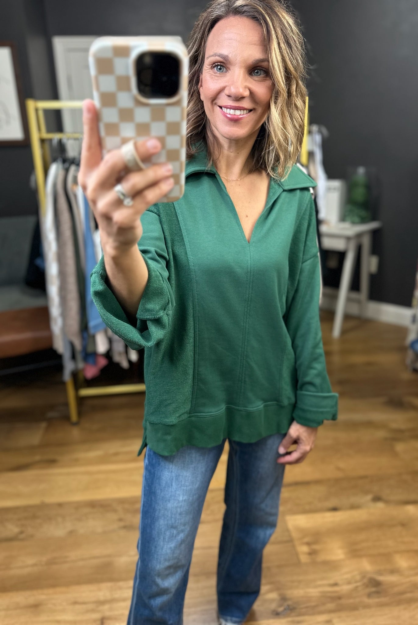 Going For It V-Neck Collared Pullover - Hunter Green-Entro-Anna Kaytes Boutique, Women's Fashion Boutique in Grinnell, Iowa