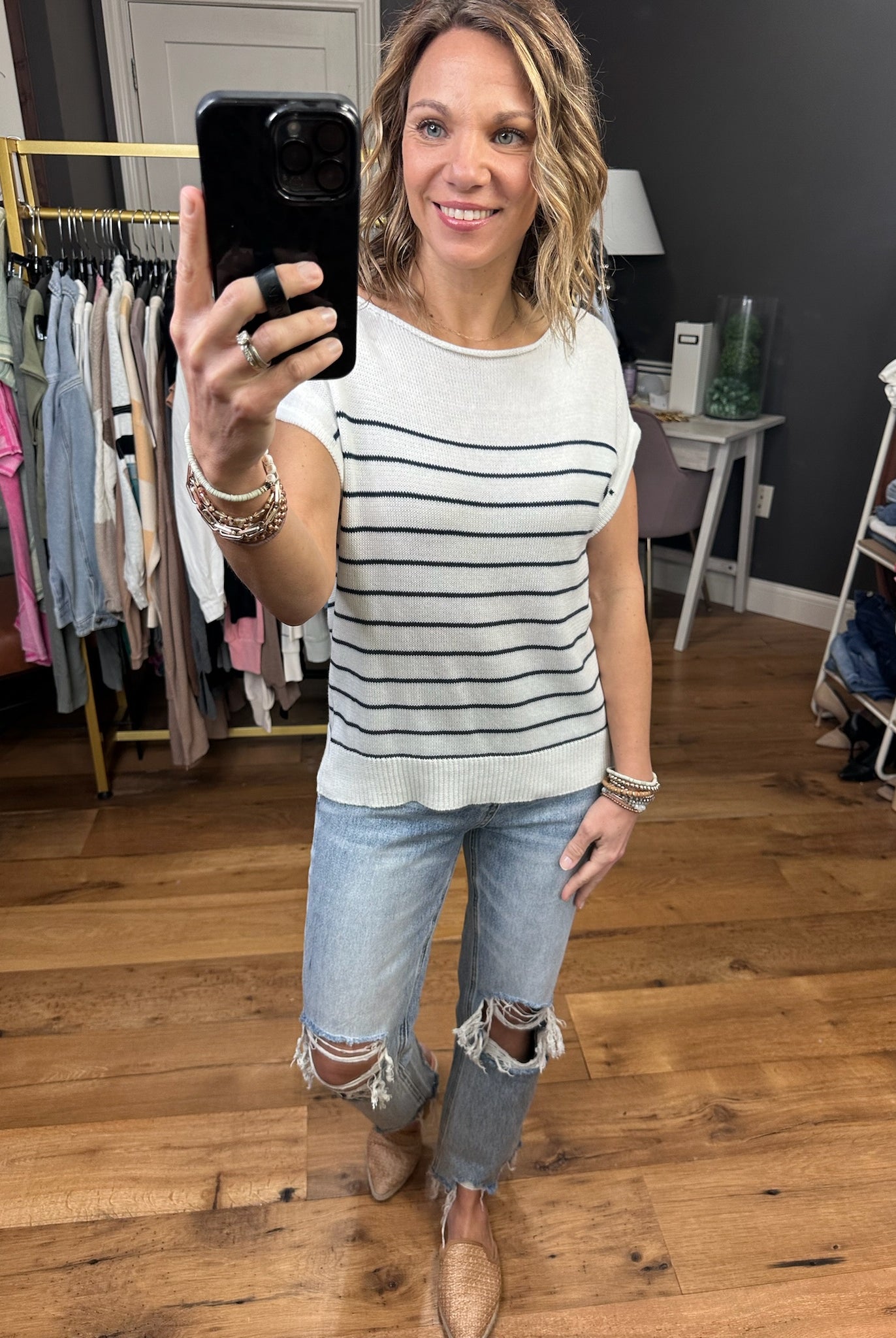 Namely Nautical Short Sleeve Striped Sweater - Ivory/Navy-Sweaters-Staccato 54520-Anna Kaytes Boutique, Women's Fashion Boutique in Grinnell, Iowa