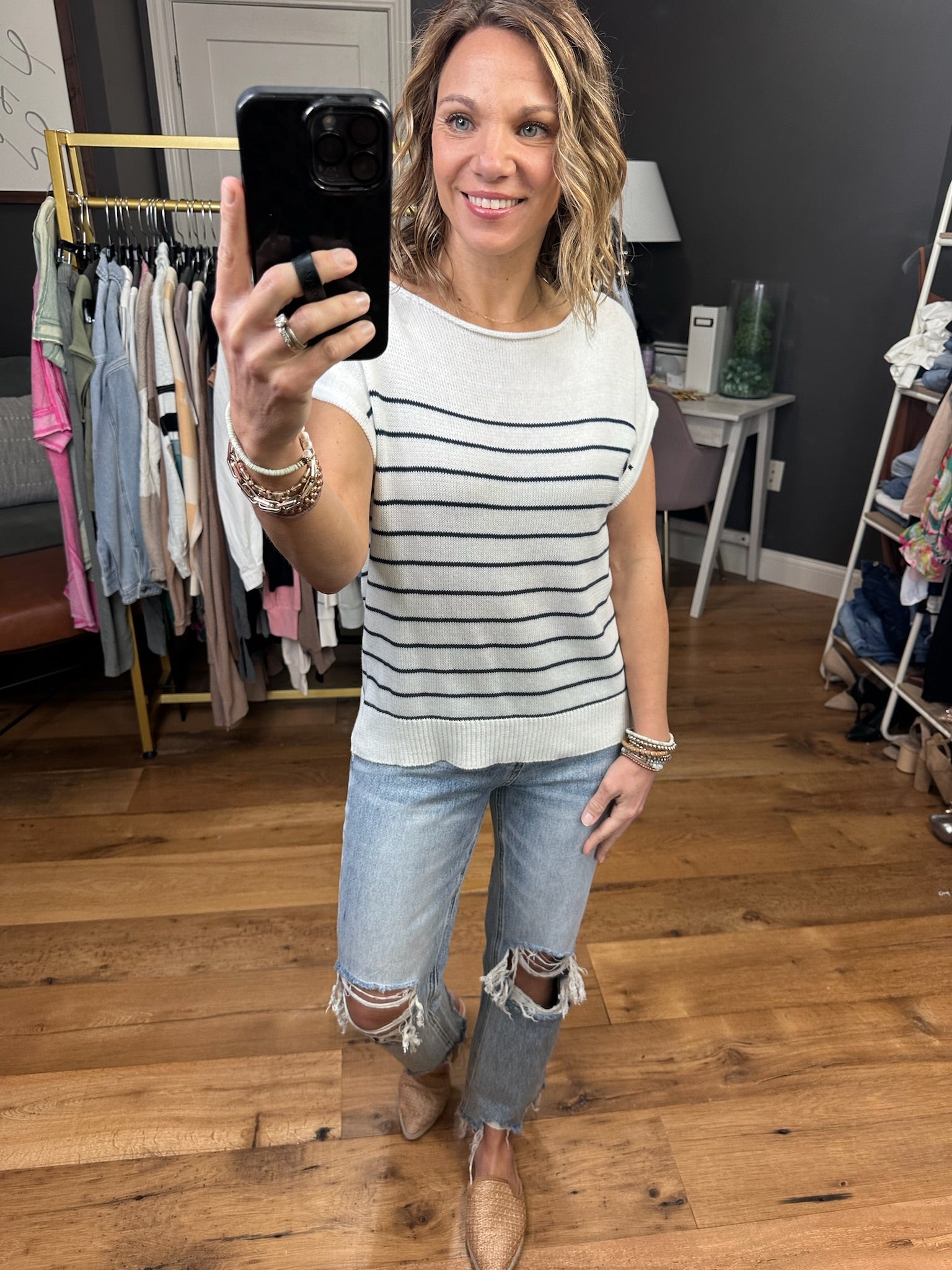 Namely Nautical Short Sleeve Striped Sweater - Ivory/Navy-Sweaters-Staccato 54520-Anna Kaytes Boutique, Women's Fashion Boutique in Grinnell, Iowa