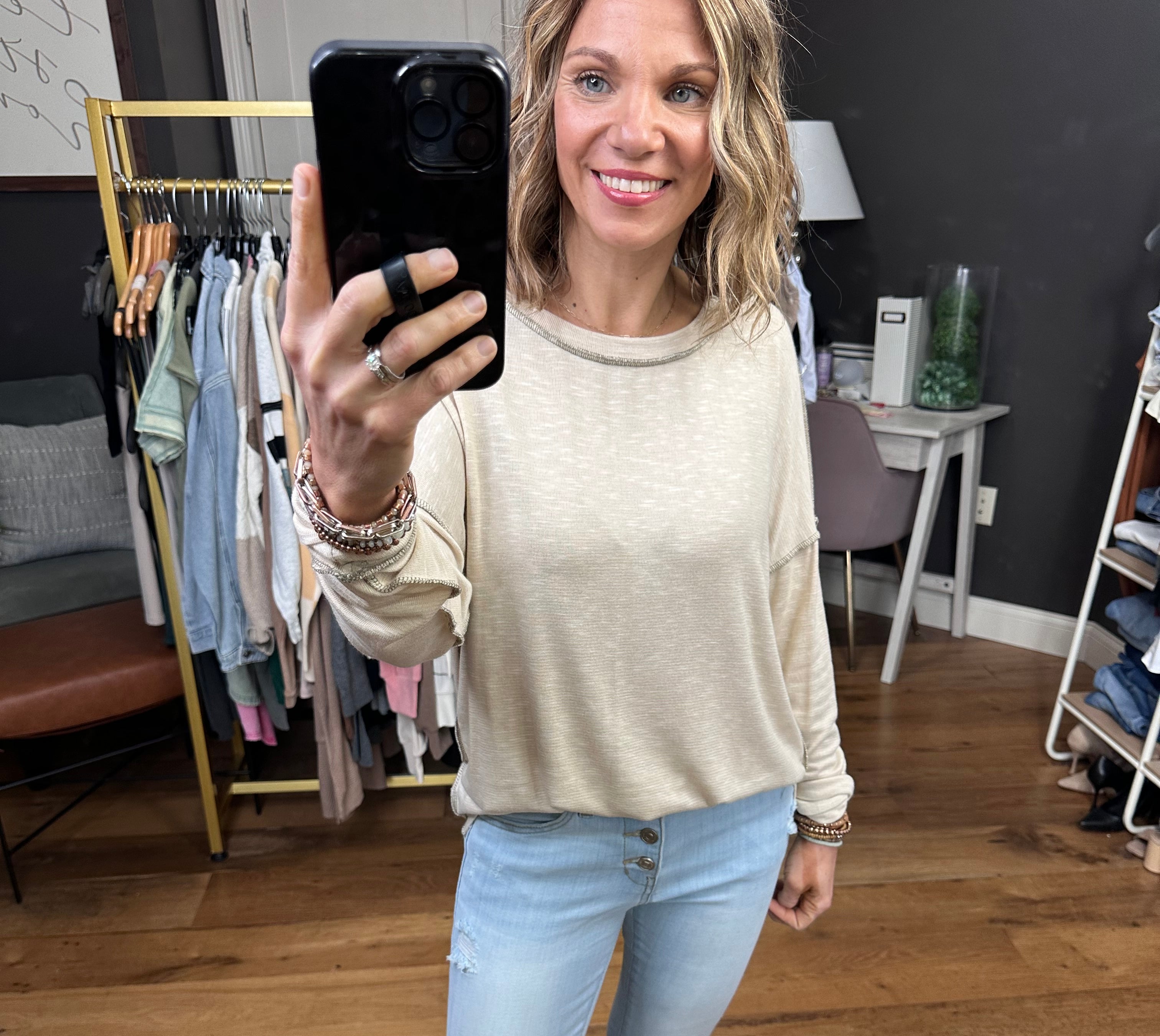 True Already Washed Raw Hem Long Sleeve Top - Oatmeal-Long Sleeves-Staccato 17125c-Anna Kaytes Boutique, Women's Fashion Boutique in Grinnell, Iowa