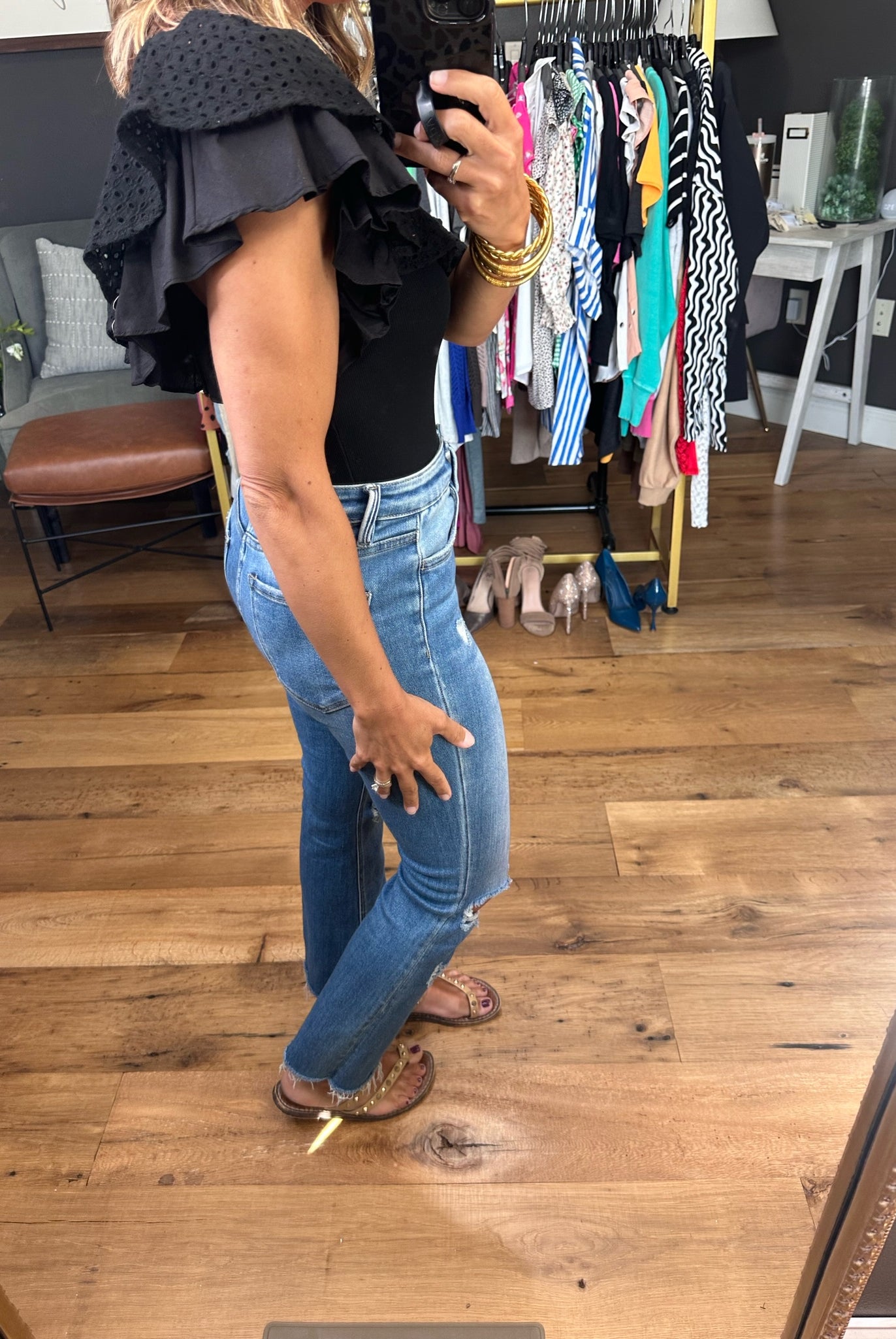 City Lights One Shoulder Ruffled Bodysuit - Black-Bodysuits-EESOME TK7630-Anna Kaytes Boutique, Women's Fashion Boutique in Grinnell, Iowa