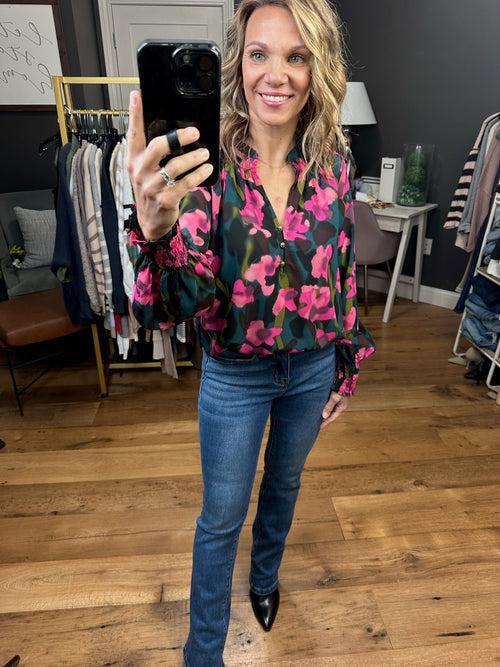 Better In Bloom Ruch Detail Floral Top - Hunter Green-Entro T21683-Anna Kaytes Boutique, Women's Fashion Boutique in Grinnell, Iowa