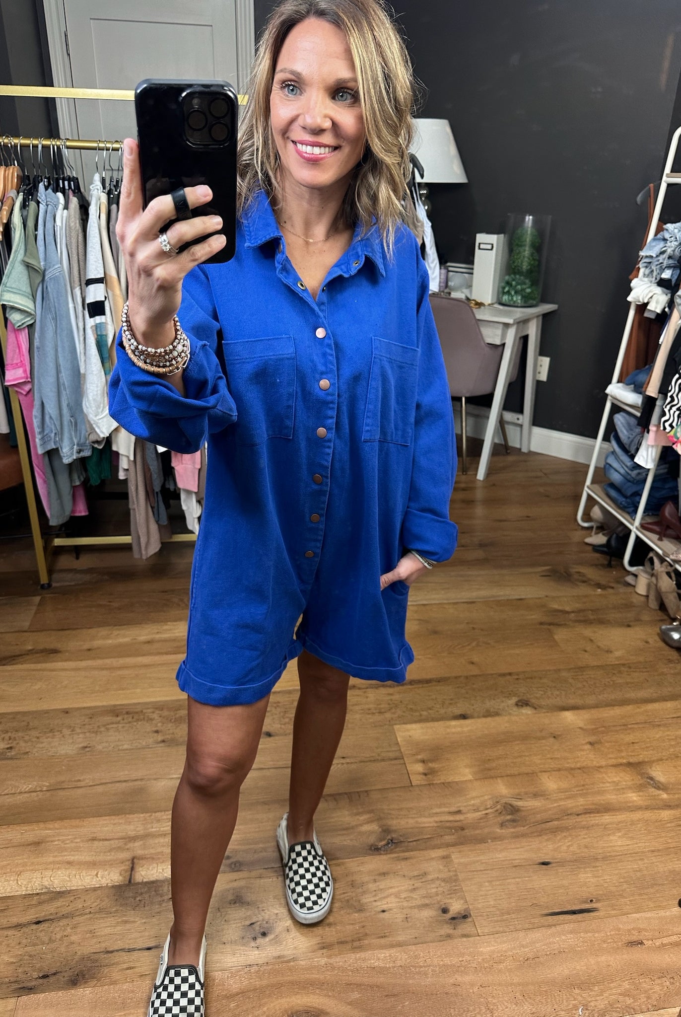 Broadway Babe Utility Button Romper - Blue-Rompers-Bucketlist IR5315-Anna Kaytes Boutique, Women's Fashion Boutique in Grinnell, Iowa