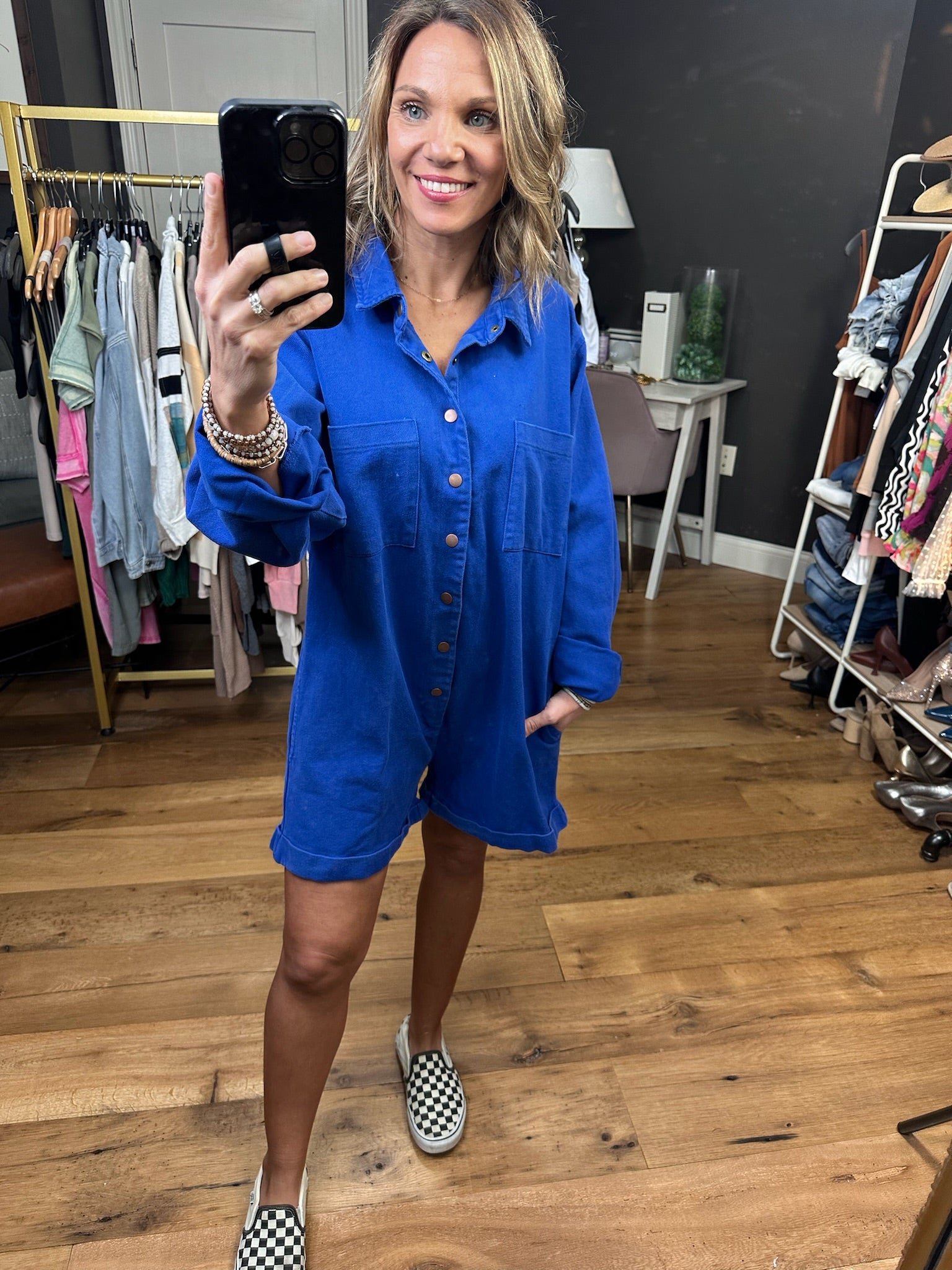 Broadway Babe Utility Button Romper - Blue-Rompers-Bucketlist IR5315-Anna Kaytes Boutique, Women's Fashion Boutique in Grinnell, Iowa