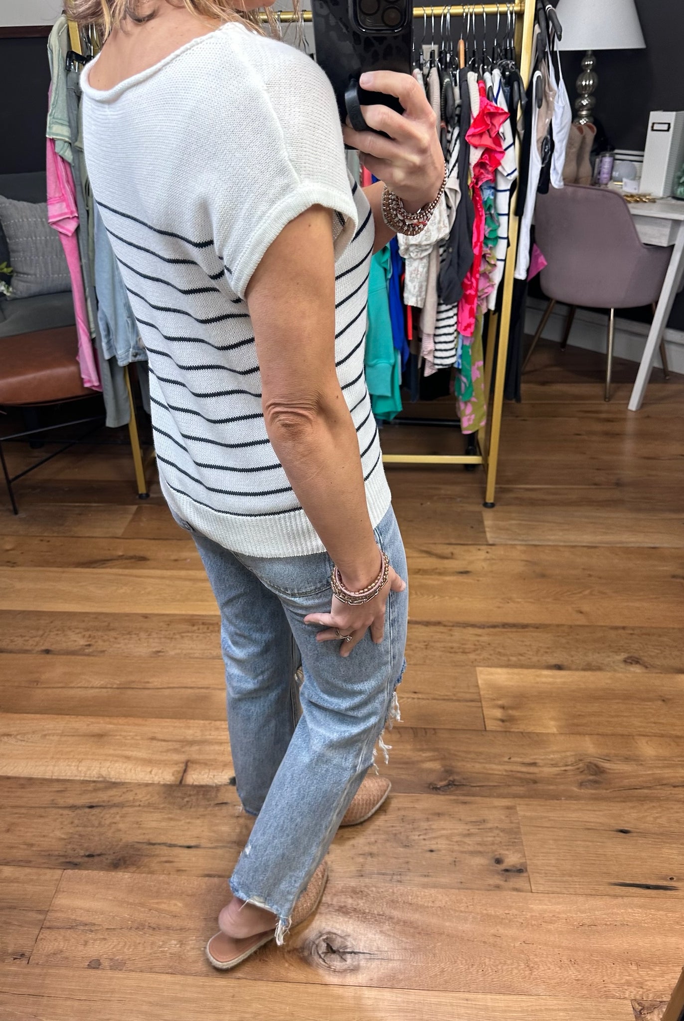 Namely Nautical Short Sleeve Striped Sweater - Ivory/Navy-Sweaters-Staccato 54520-Anna Kaytes Boutique, Women's Fashion Boutique in Grinnell, Iowa