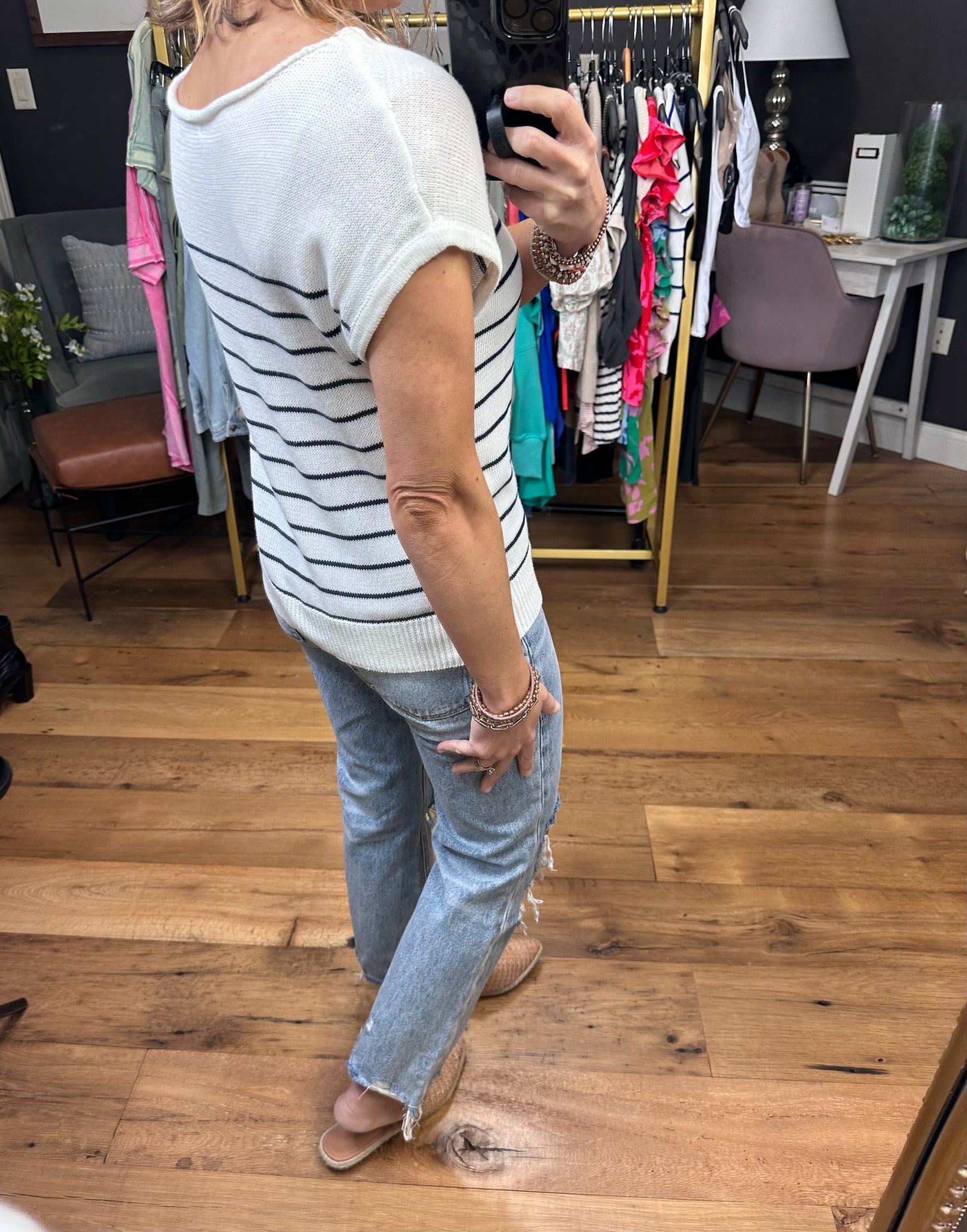 Namely Nautical Short Sleeve Striped Sweater - Ivory/Navy-Sweaters-Staccato 54520-Anna Kaytes Boutique, Women's Fashion Boutique in Grinnell, Iowa