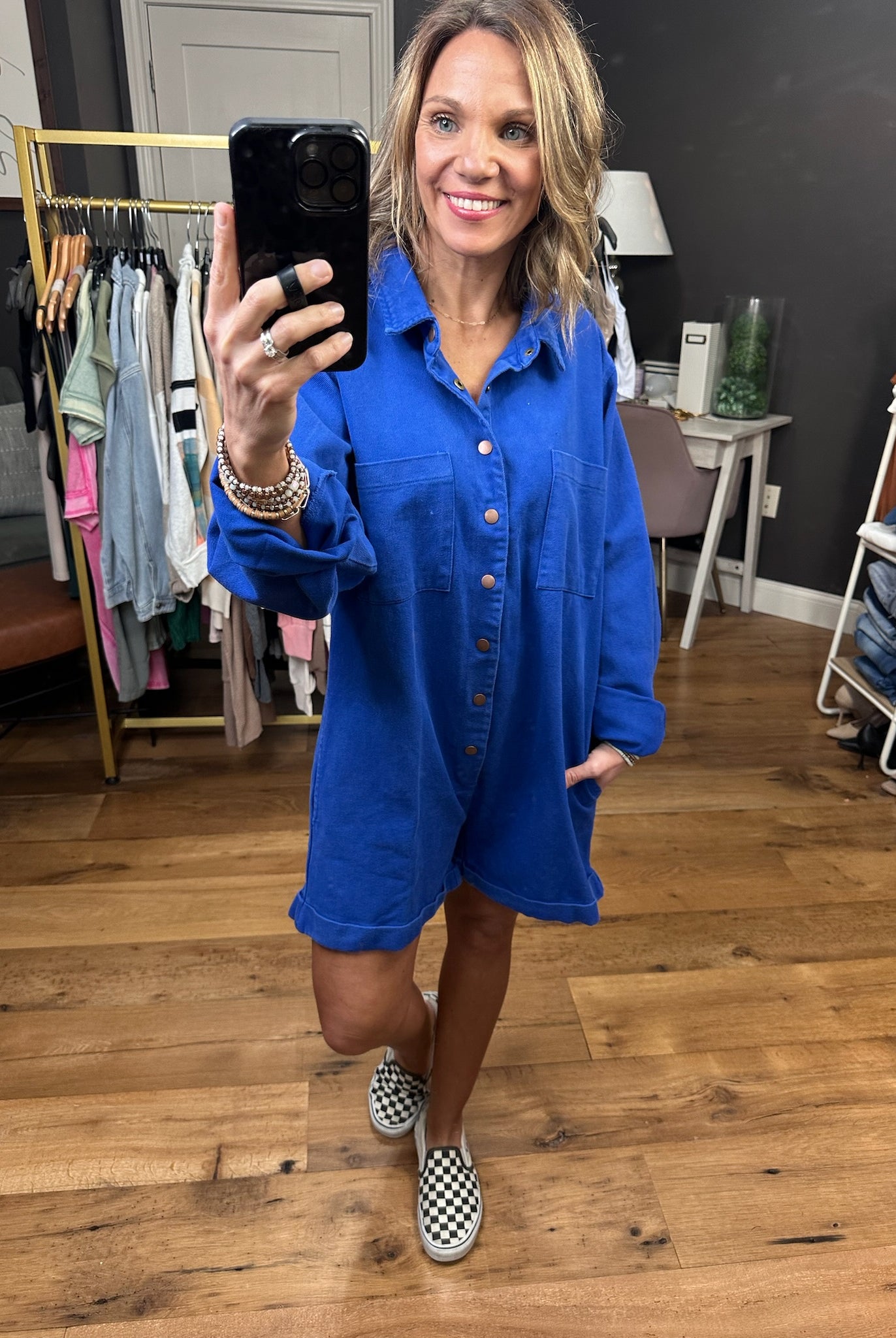 Broadway Babe Utility Button Romper - Blue-Rompers-Bucketlist IR5315-Anna Kaytes Boutique, Women's Fashion Boutique in Grinnell, Iowa
