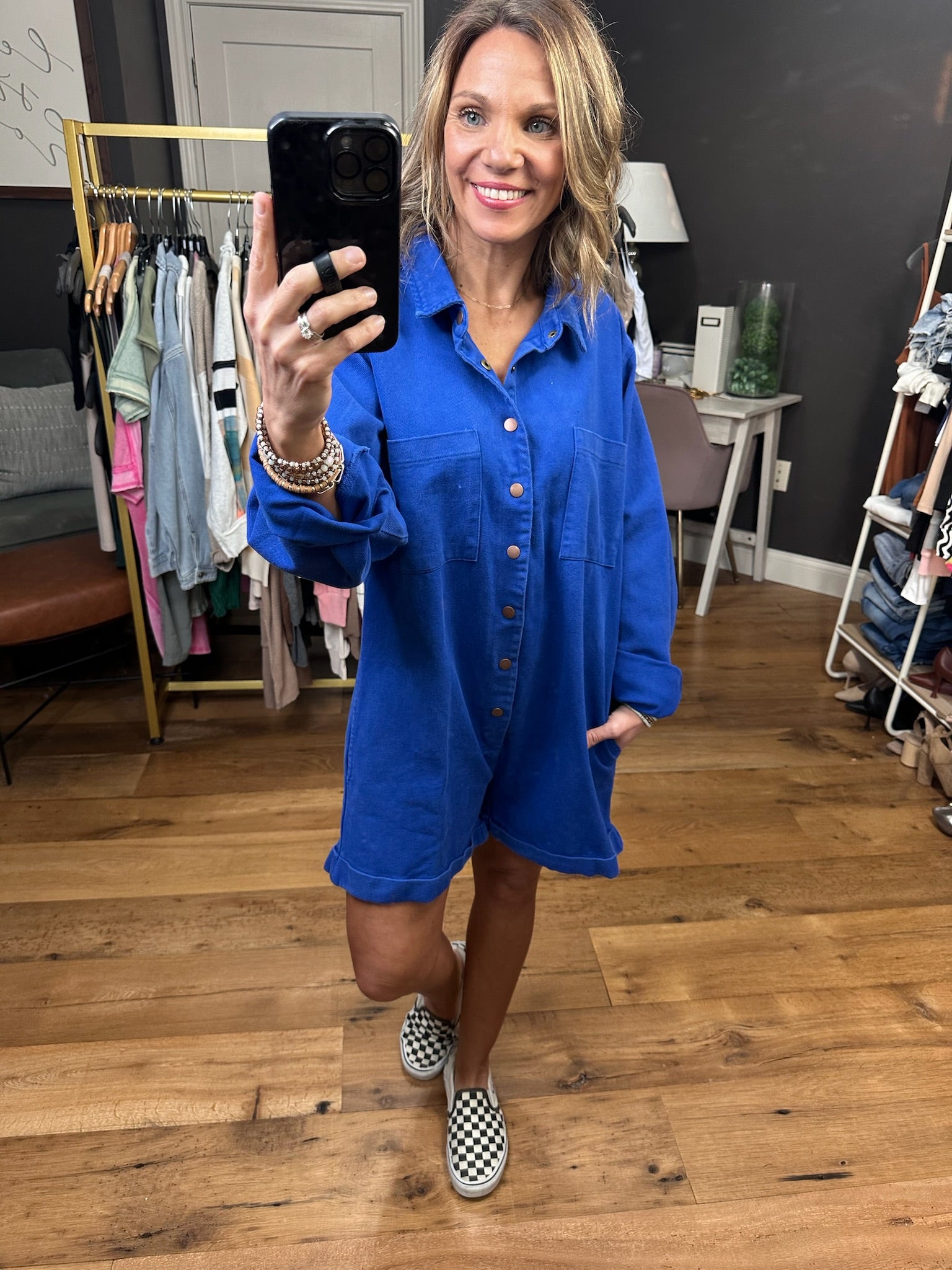 Broadway Babe Utility Button Romper - Blue-Rompers-Bucketlist IR5315-Anna Kaytes Boutique, Women's Fashion Boutique in Grinnell, Iowa