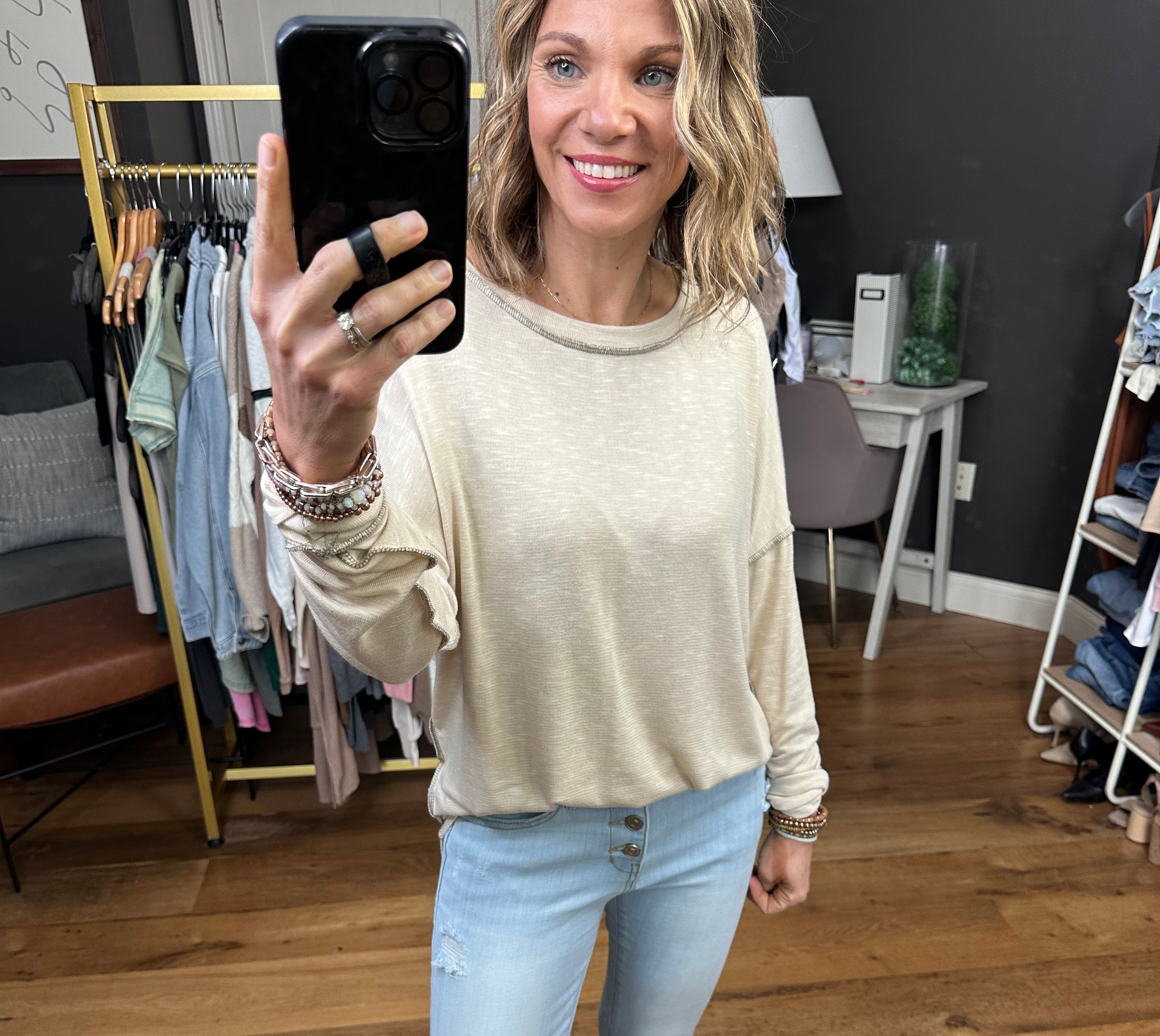 True Already Washed Raw Hem Long Sleeve Top - Oatmeal-Long Sleeves-Staccato 17125c-Anna Kaytes Boutique, Women's Fashion Boutique in Grinnell, Iowa