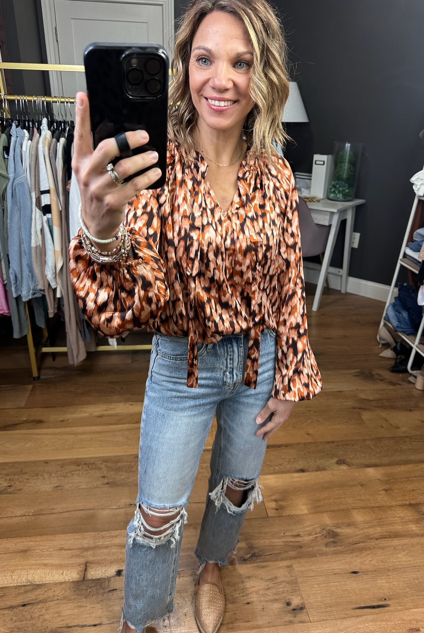 Clock Is Ticking Patterned Balloon Sleeve Top - Brown Multi-Long Sleeves-Skies Are Blue 43636-Anna Kaytes Boutique, Women's Fashion Boutique in Grinnell, Iowa