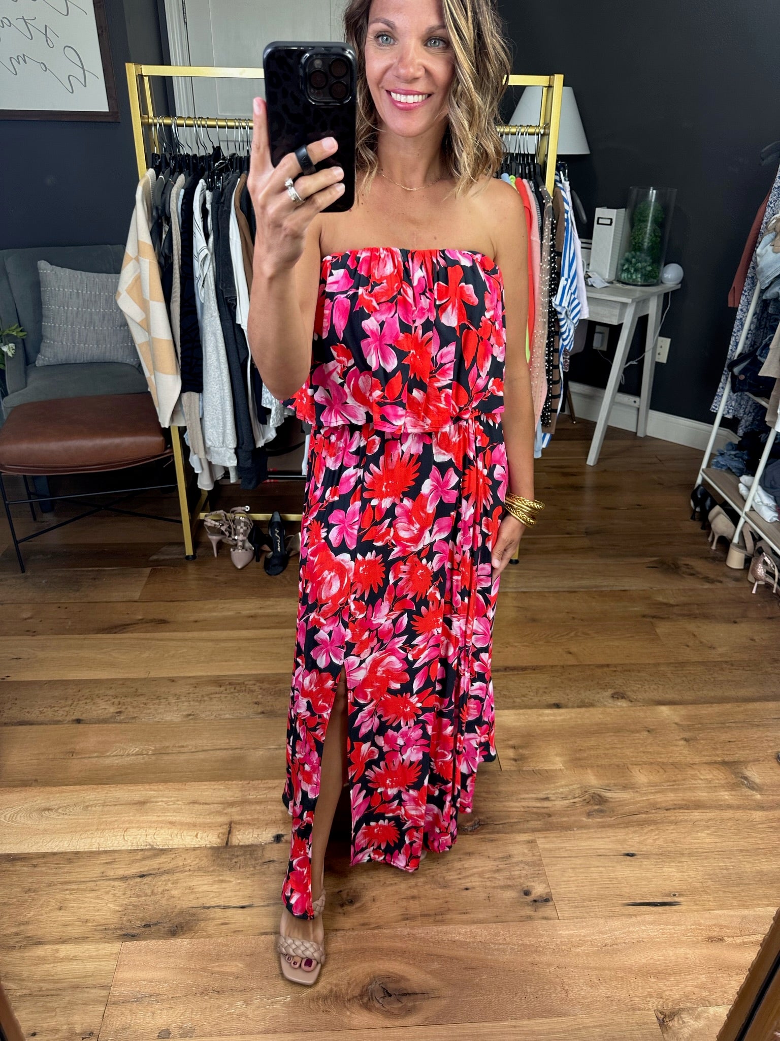 Beachside Floral Strapless Dress With Side-Slit Detail - Black Multi