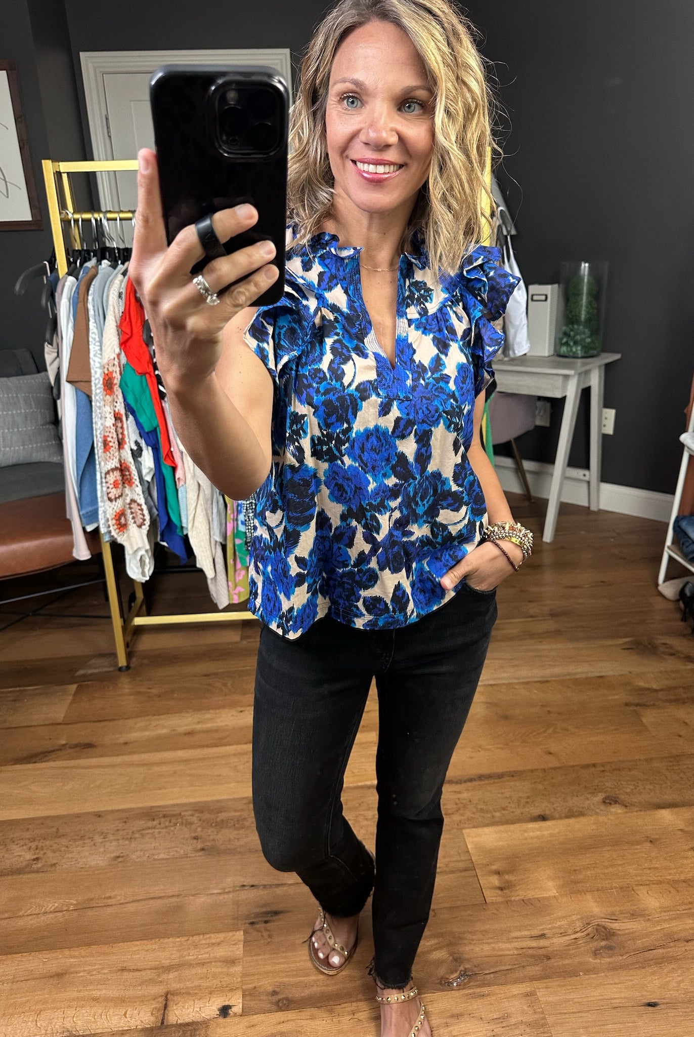 To The Point Floral Top With Ruffle Sleeve Detail - Blue-Short Sleeves-Olivaceous-Anna Kaytes Boutique, Women's Fashion Boutique in Grinnell, Iowa