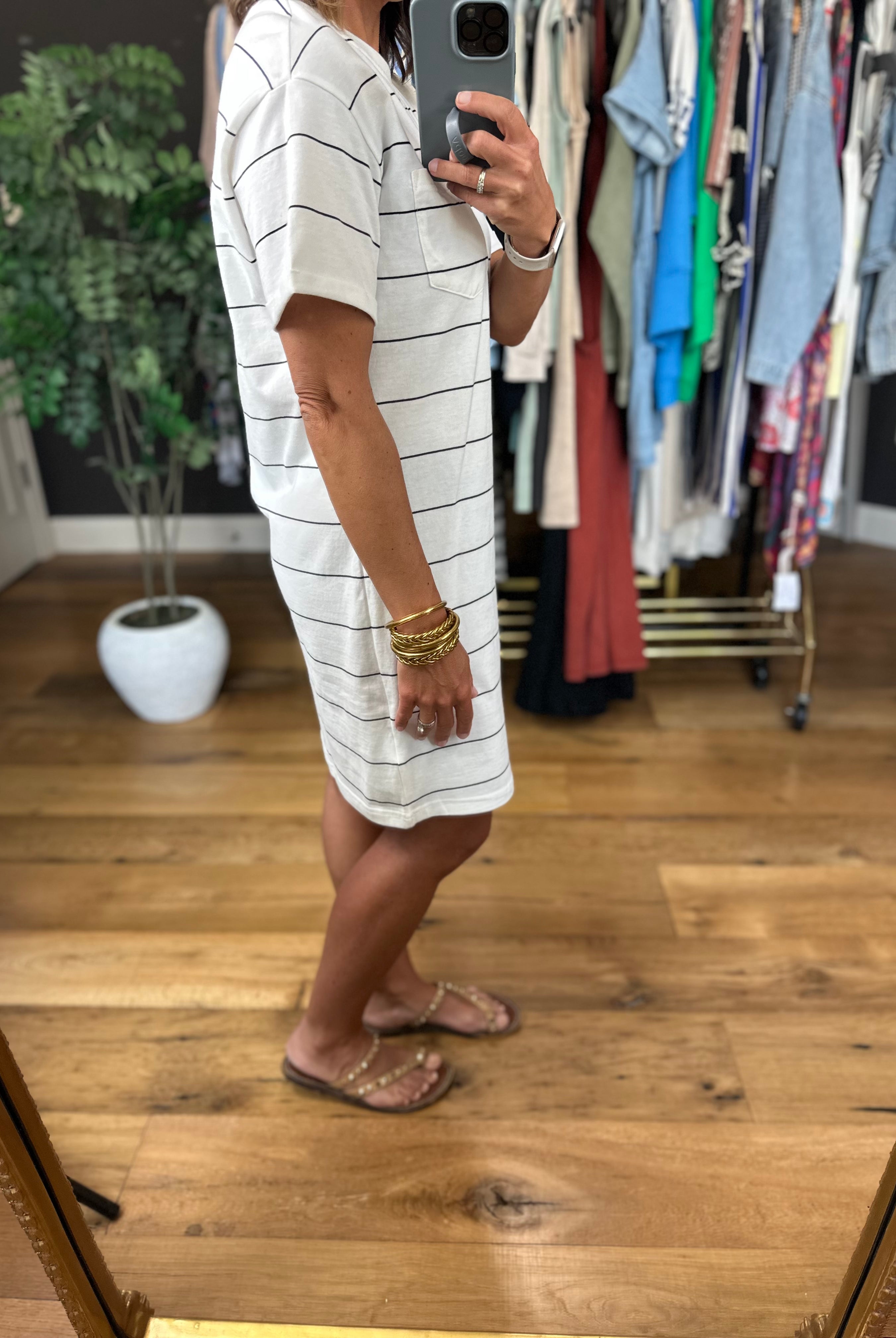 The Kick Back Striped Pocket T-Shirt Dress-Dresses-Thread & Supply-Anna Kaytes Boutique, Women's Fashion Boutique in Grinnell, Iowa