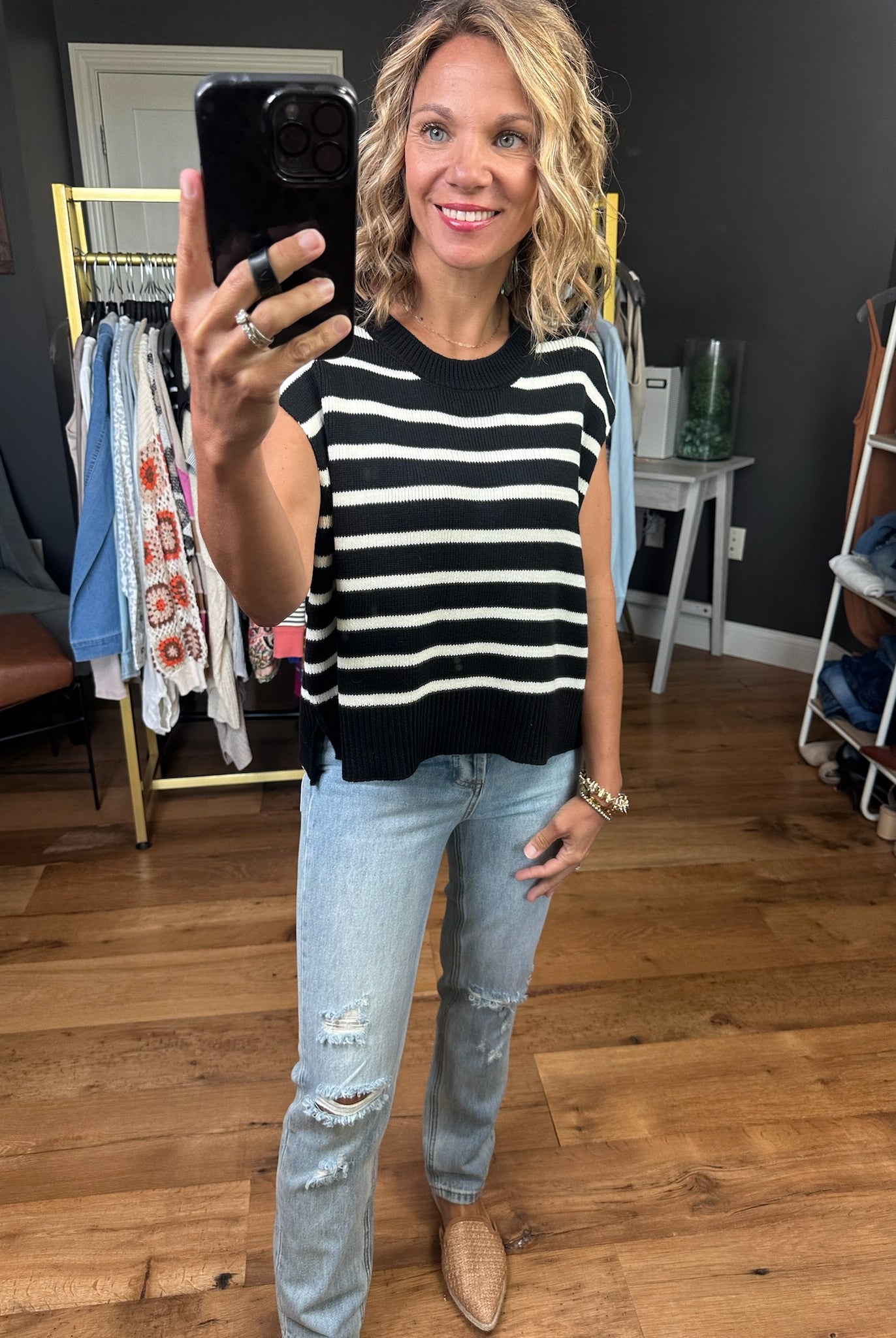 Anything In the World Striped Cap-Sleeve Knit Top - Black-Entro-Anna Kaytes Boutique, Women's Fashion Boutique in Grinnell, Iowa