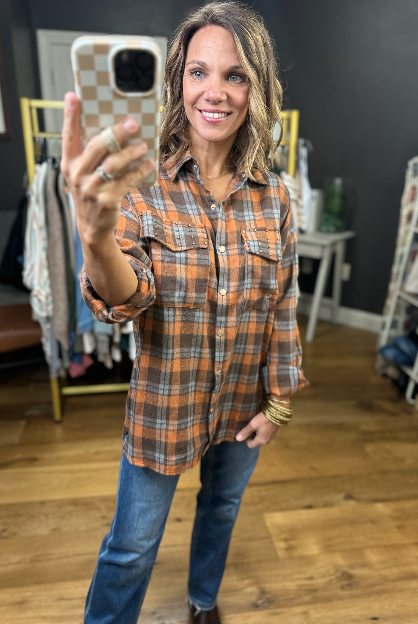 Upside Plaid Button-Down Top - Mocha-Entro-Anna Kaytes Boutique, Women's Fashion Boutique in Grinnell, Iowa