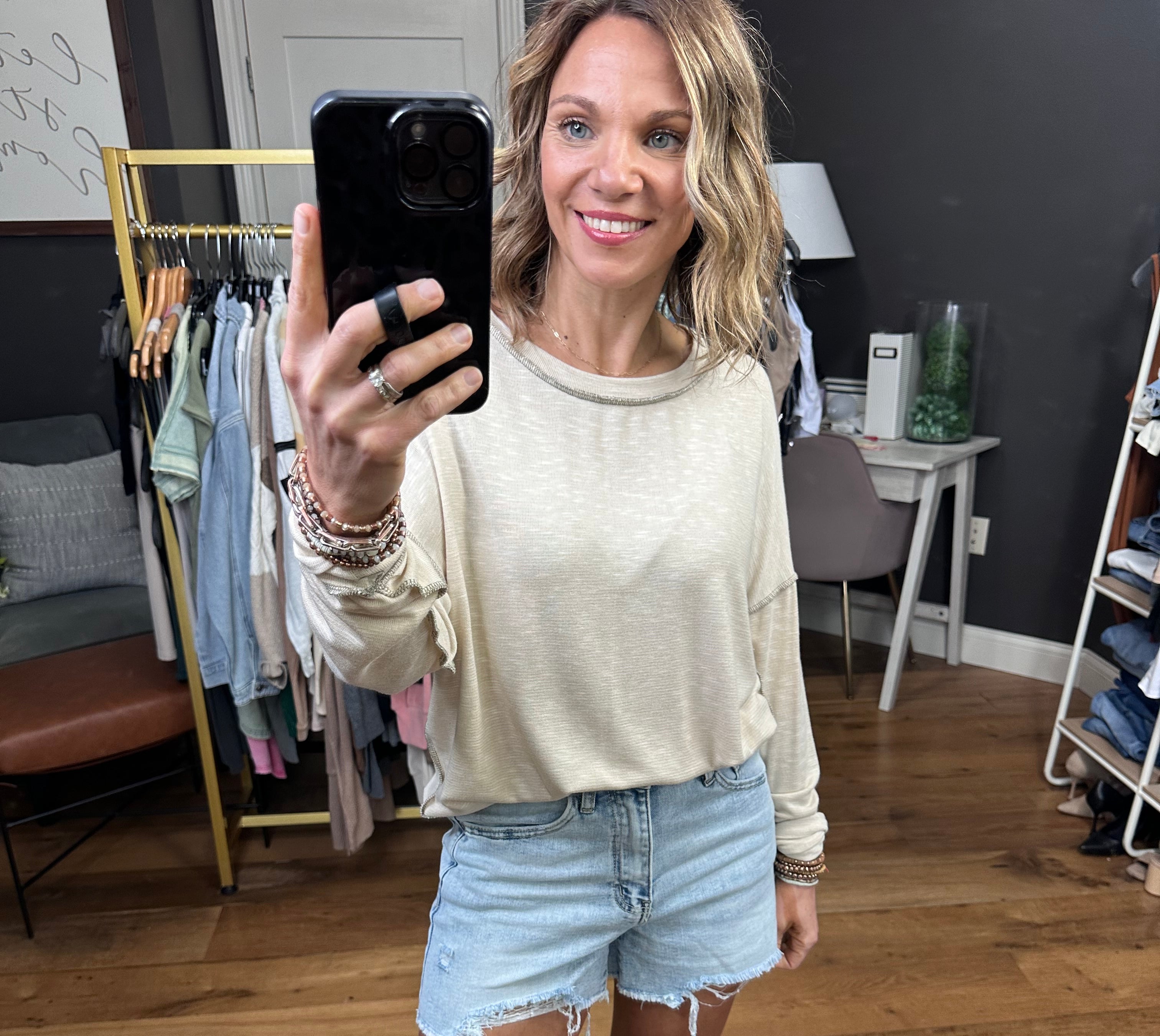 True Already Washed Raw Hem Long Sleeve Top - Oatmeal-Long Sleeves-Staccato 17125c-Anna Kaytes Boutique, Women's Fashion Boutique in Grinnell, Iowa