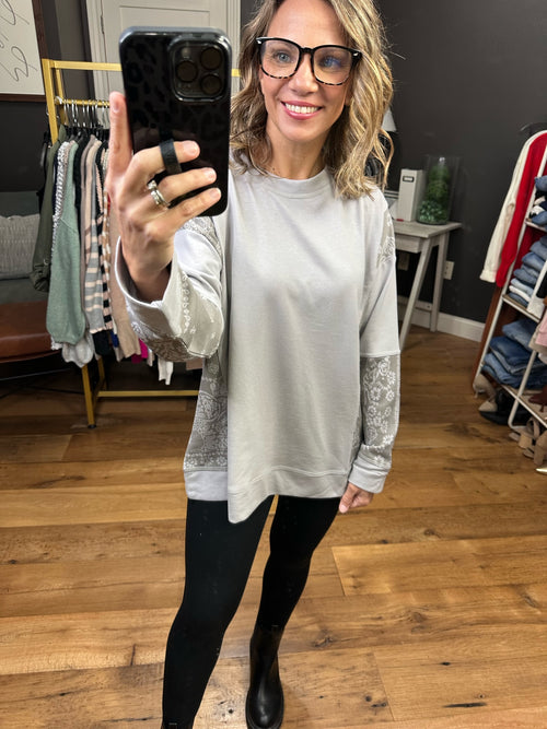 The Ella Contrasting Floral Long Sleeve Top - Silver-Cotton Bleu 63062-Anna Kaytes Boutique, Women's Fashion Boutique in Grinnell, Iowa