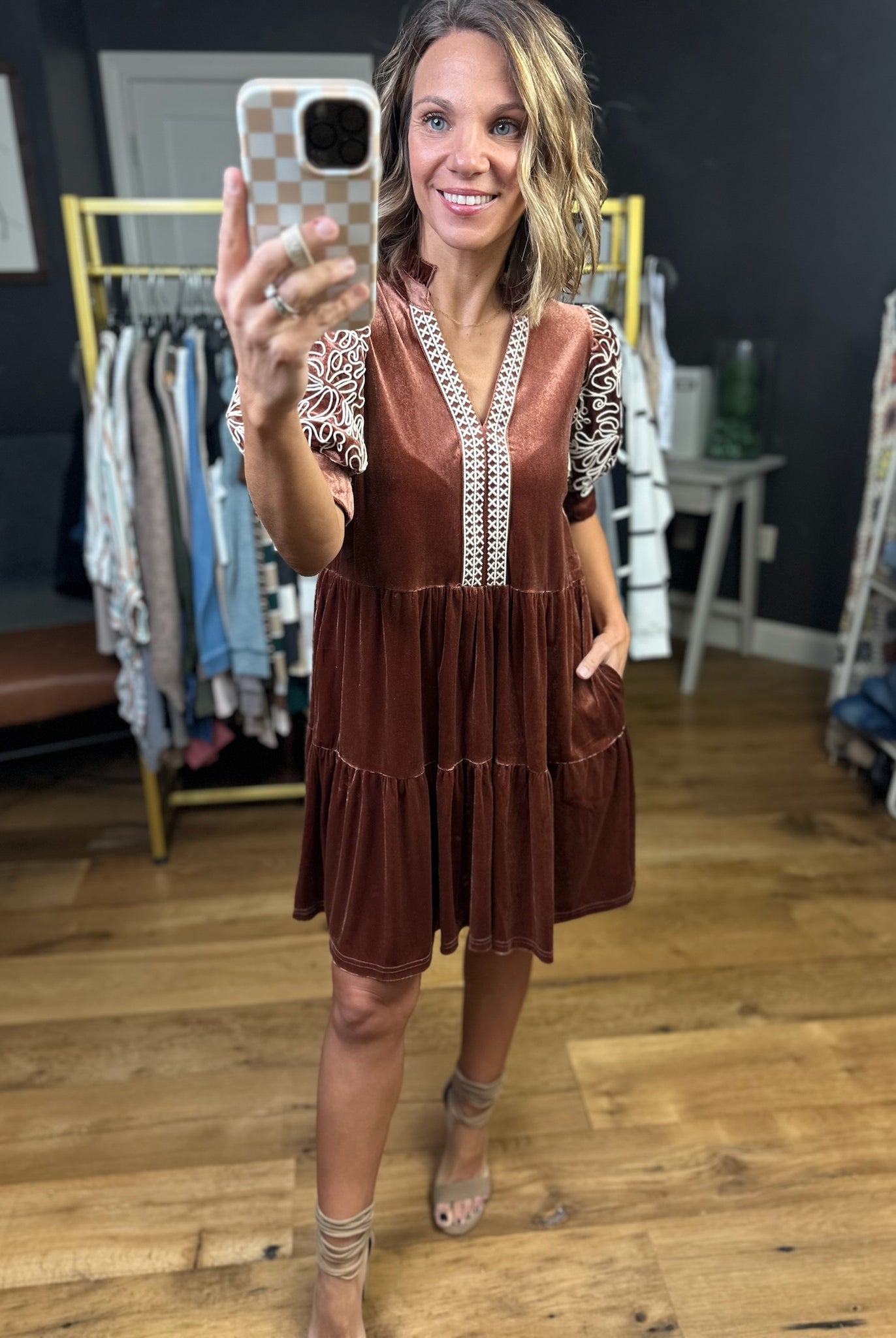 Ties To You Crushed Velvet Dress - Cinnamon-Entro-Anna Kaytes Boutique, Women's Fashion Boutique in Grinnell, Iowa