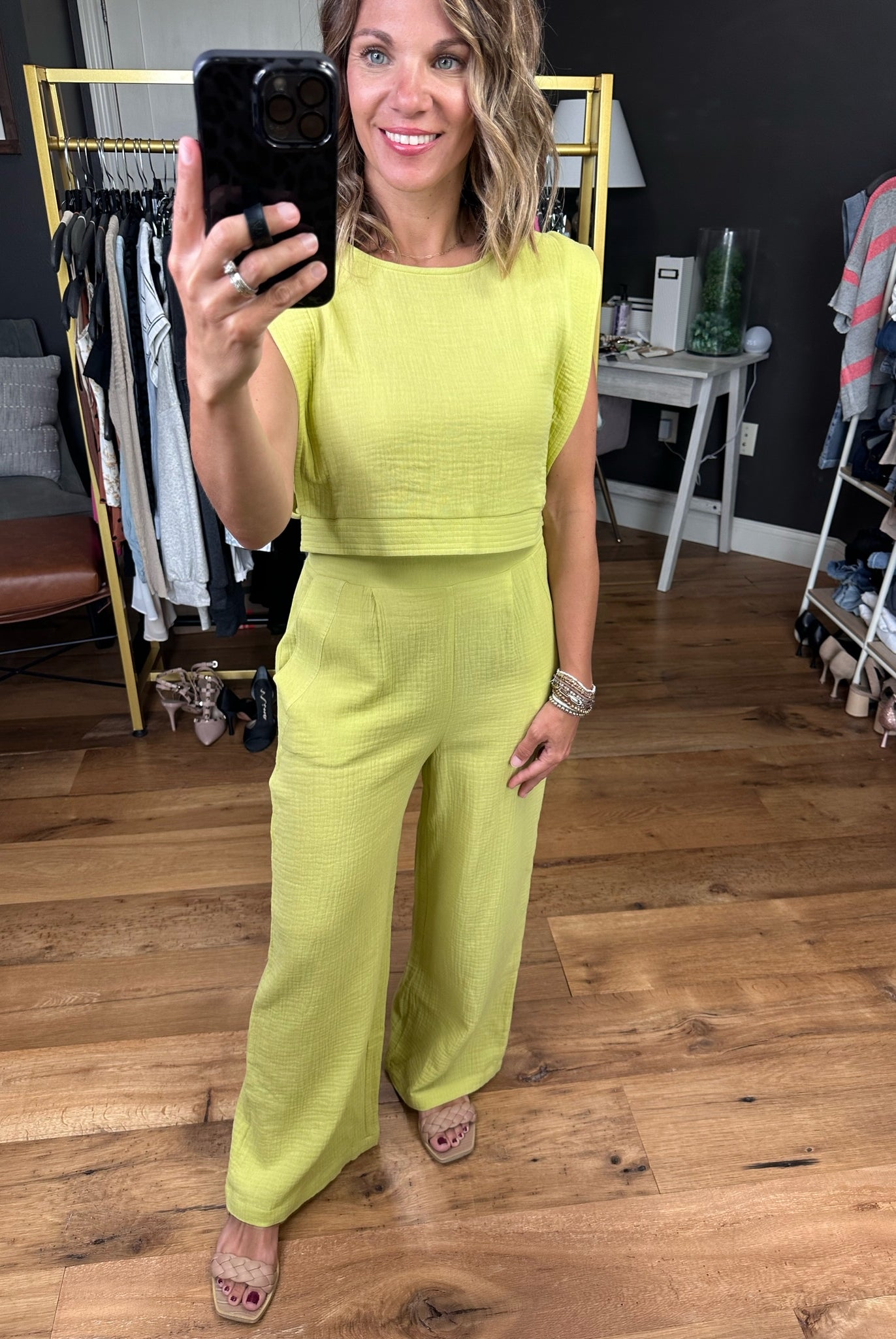 Rebuild Together Wide-Leg Pant With Crop Top - Lime-Two piece set-Very J VE60048top VE60048BOT-Anna Kaytes Boutique, Women's Fashion Boutique in Grinnell, Iowa