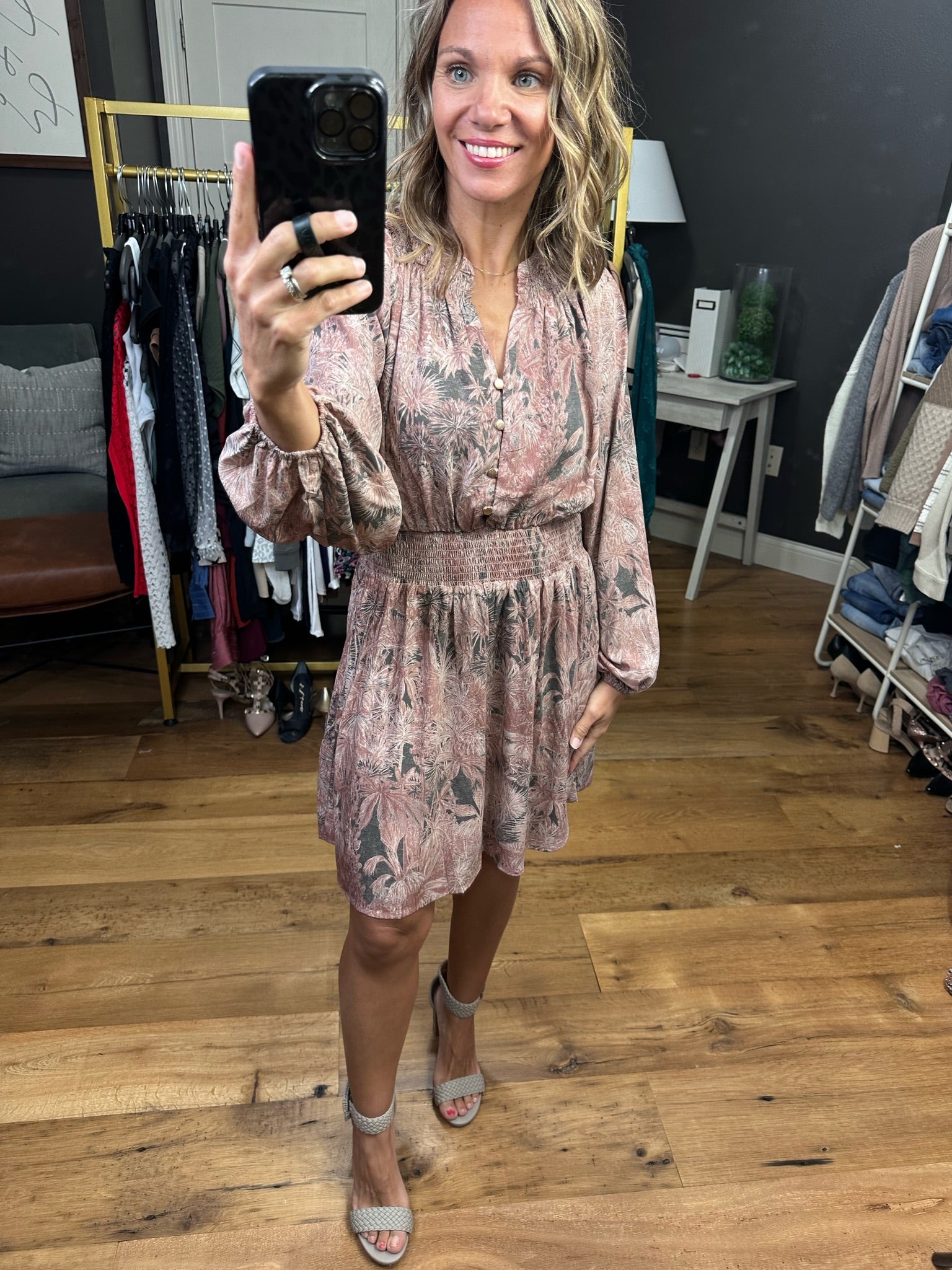 Better Than Real Floral Smock Detail Dress - Mauve/Grey-Dresses-Entro D21673-Anna Kaytes Boutique, Women's Fashion Boutique in Grinnell, Iowa