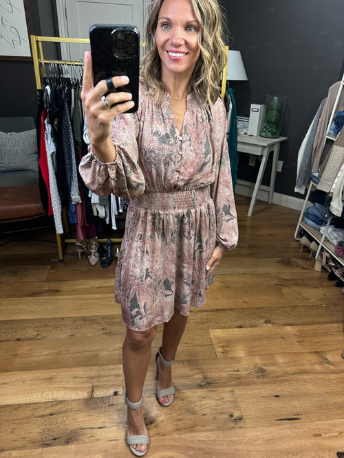 Better Than Real Floral Smock Detail Dress - Mauve/Grey-Entro D21673-Anna Kaytes Boutique, Women's Fashion Boutique in Grinnell, Iowa