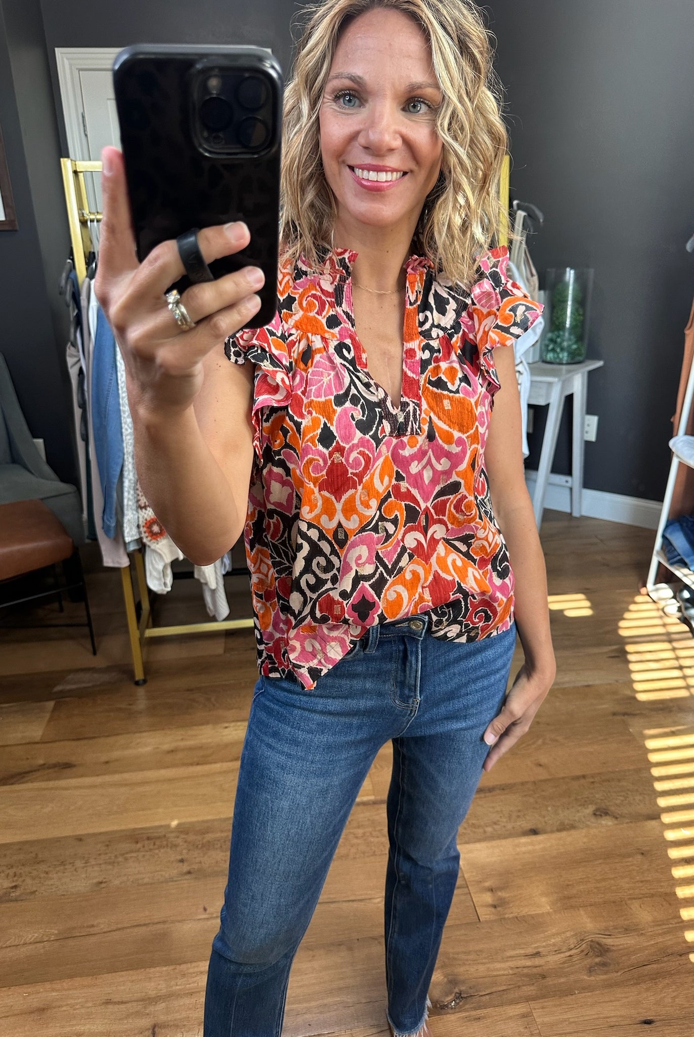 Never Look Back Patterned V-Neck Top - Black Combo-Short Sleeves-Olivaceous-Anna Kaytes Boutique, Women's Fashion Boutique in Grinnell, Iowa