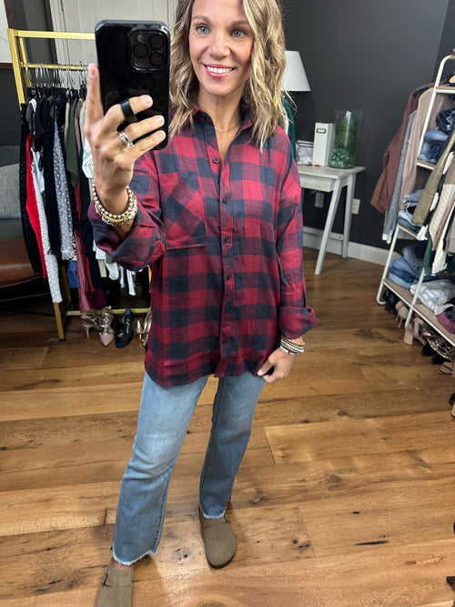 Heard Right Plaid Button-Down Top - Cranberry-Be Cool 18971J-Anna Kaytes Boutique, Women's Fashion Boutique in Grinnell, Iowa