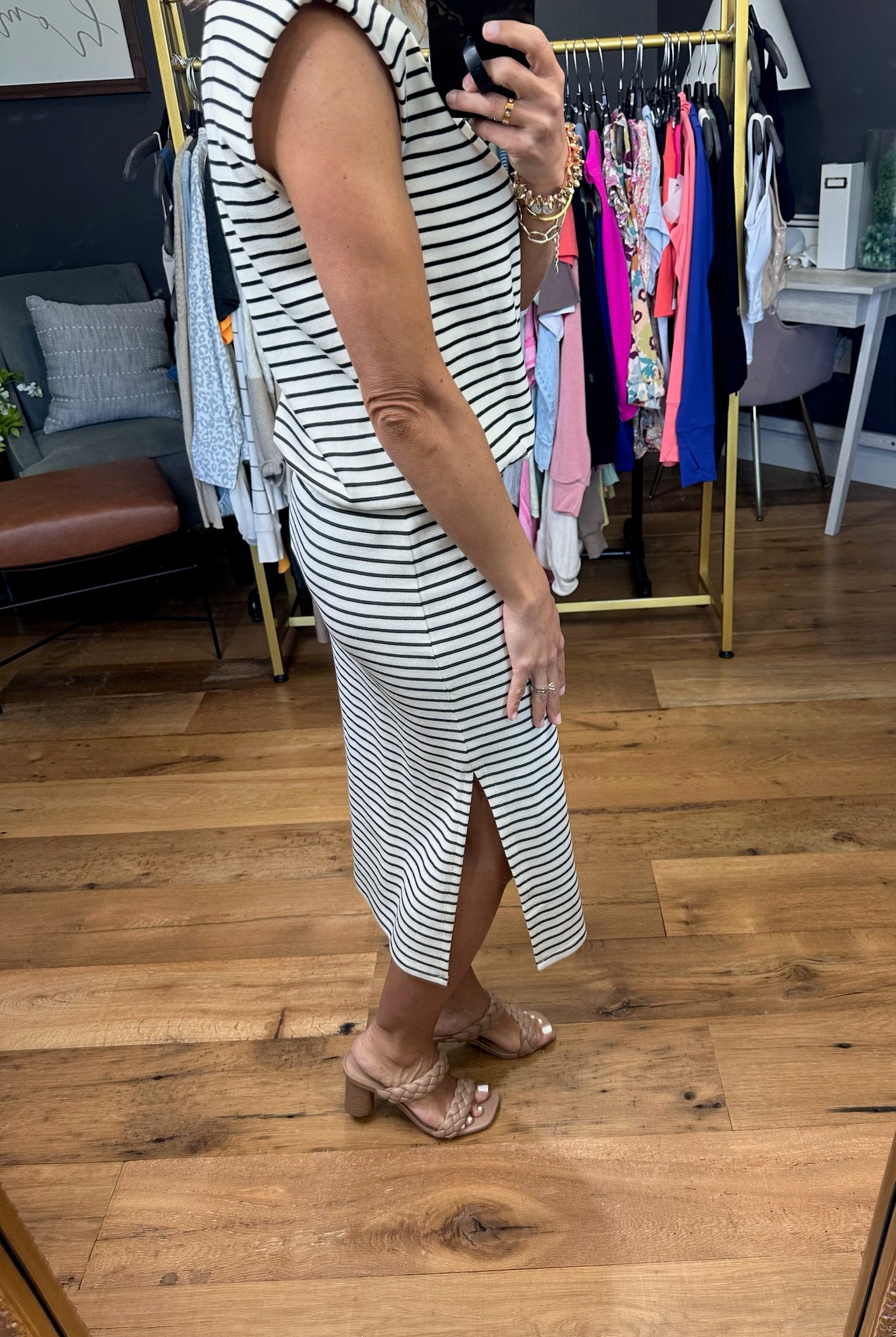 Heard Right Cap Sleeve Top + Side Slit Skirt Set - Ivory/Black-Skirts-Skies Are Blue-Anna Kaytes Boutique, Women's Fashion Boutique in Grinnell, Iowa