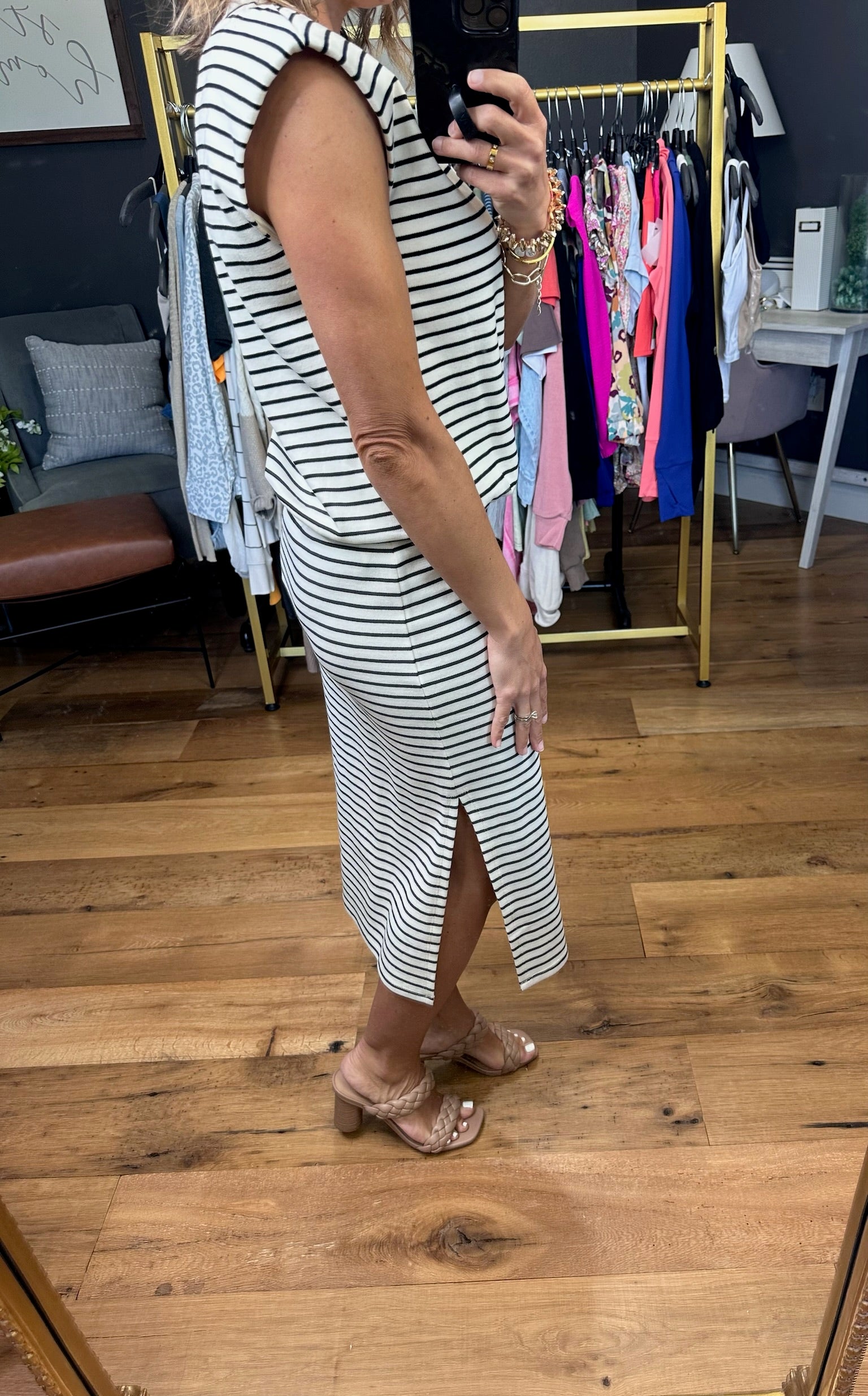 Heard Right Cap Sleeve Top + Side Slit Skirt Set - Ivory/Black-Skirts-Skies Are Blue-Anna Kaytes Boutique, Women's Fashion Boutique in Grinnell, Iowa