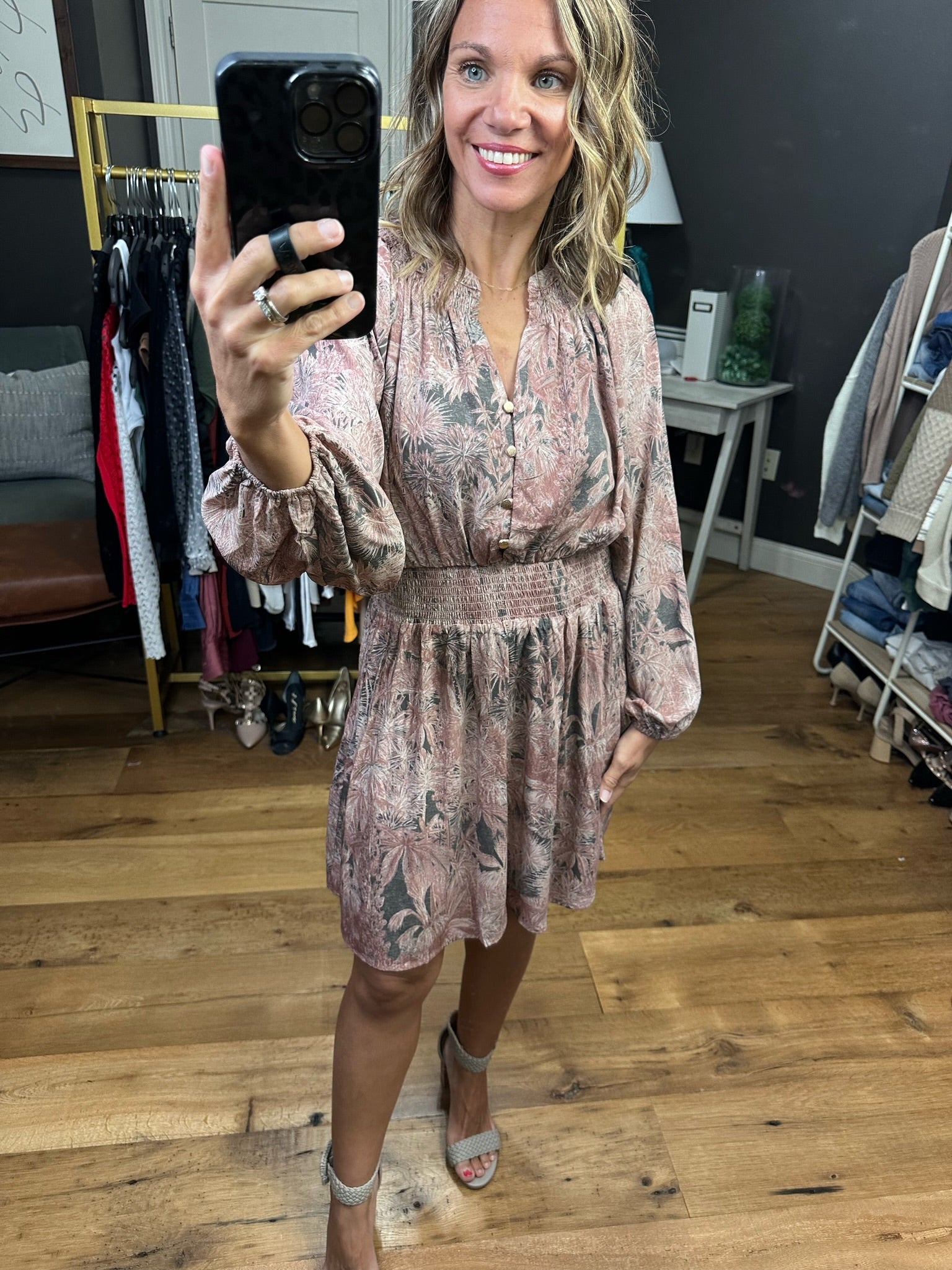 Better Than Real Floral Smock Detail Dress - Mauve/Grey-Dresses-Entro D21673-Anna Kaytes Boutique, Women's Fashion Boutique in Grinnell, Iowa