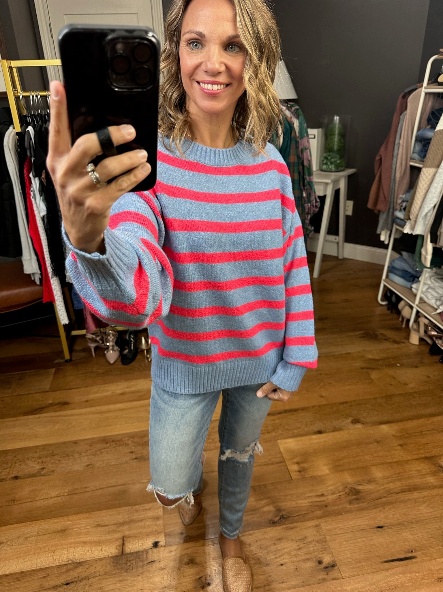 Right Beside You Striped Knit Sweater - Denim/Fuchsia