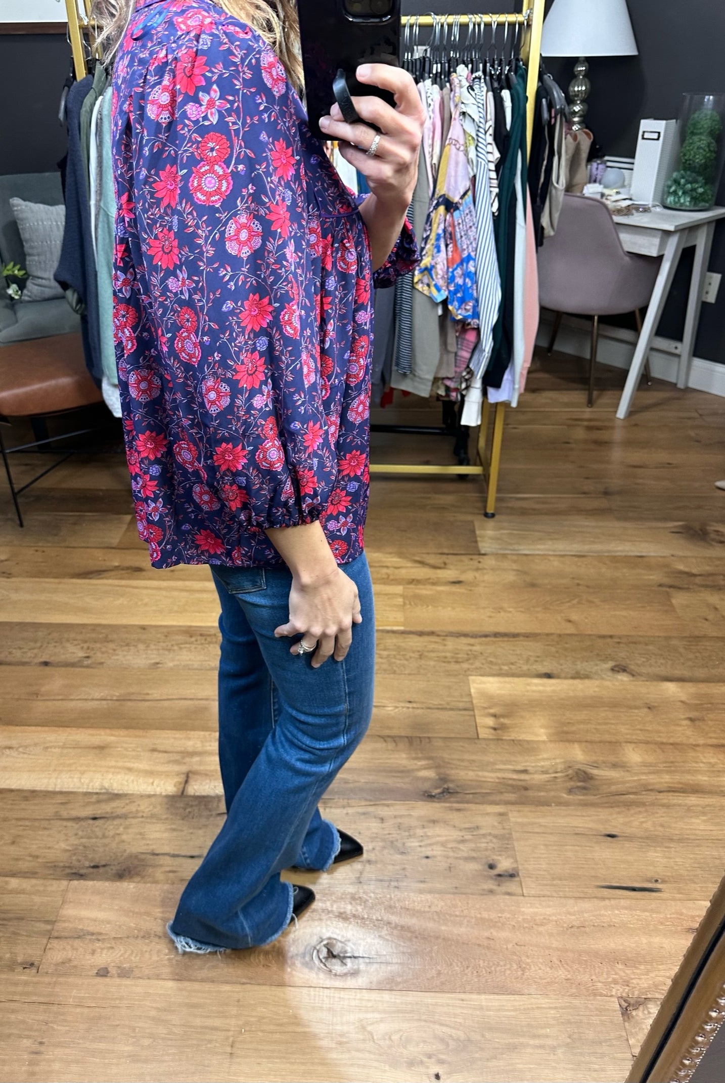 Spring Awaits Flowy Floral Top With Pleat Detail - Grape/Red-Long Sleeves-Skies Are blue 45521-Anna Kaytes Boutique, Women's Fashion Boutique in Grinnell, Iowa