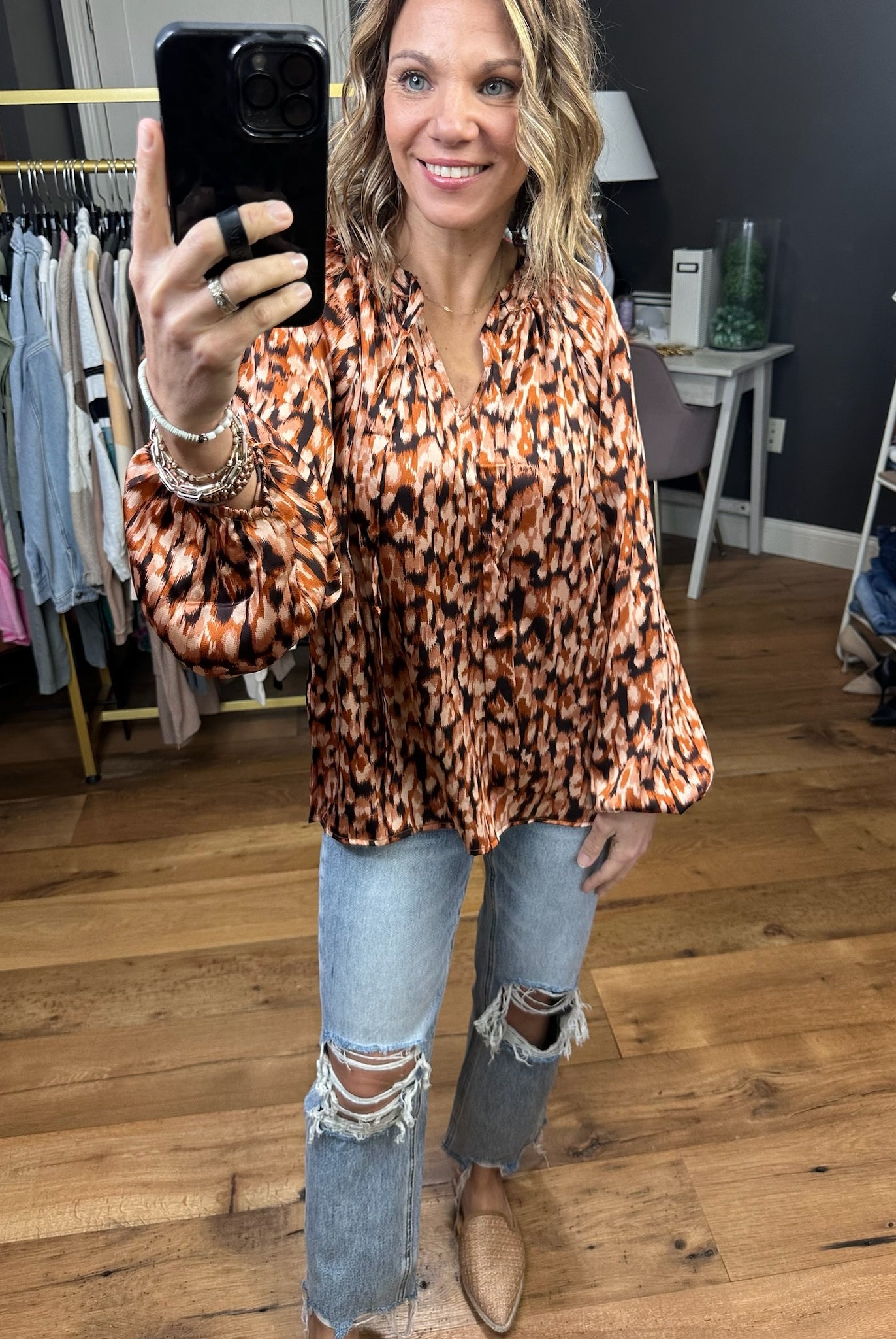 Clock Is Ticking Patterned Balloon Sleeve Top - Brown Multi-Long Sleeves-Skies Are Blue 43636-Anna Kaytes Boutique, Women's Fashion Boutique in Grinnell, Iowa