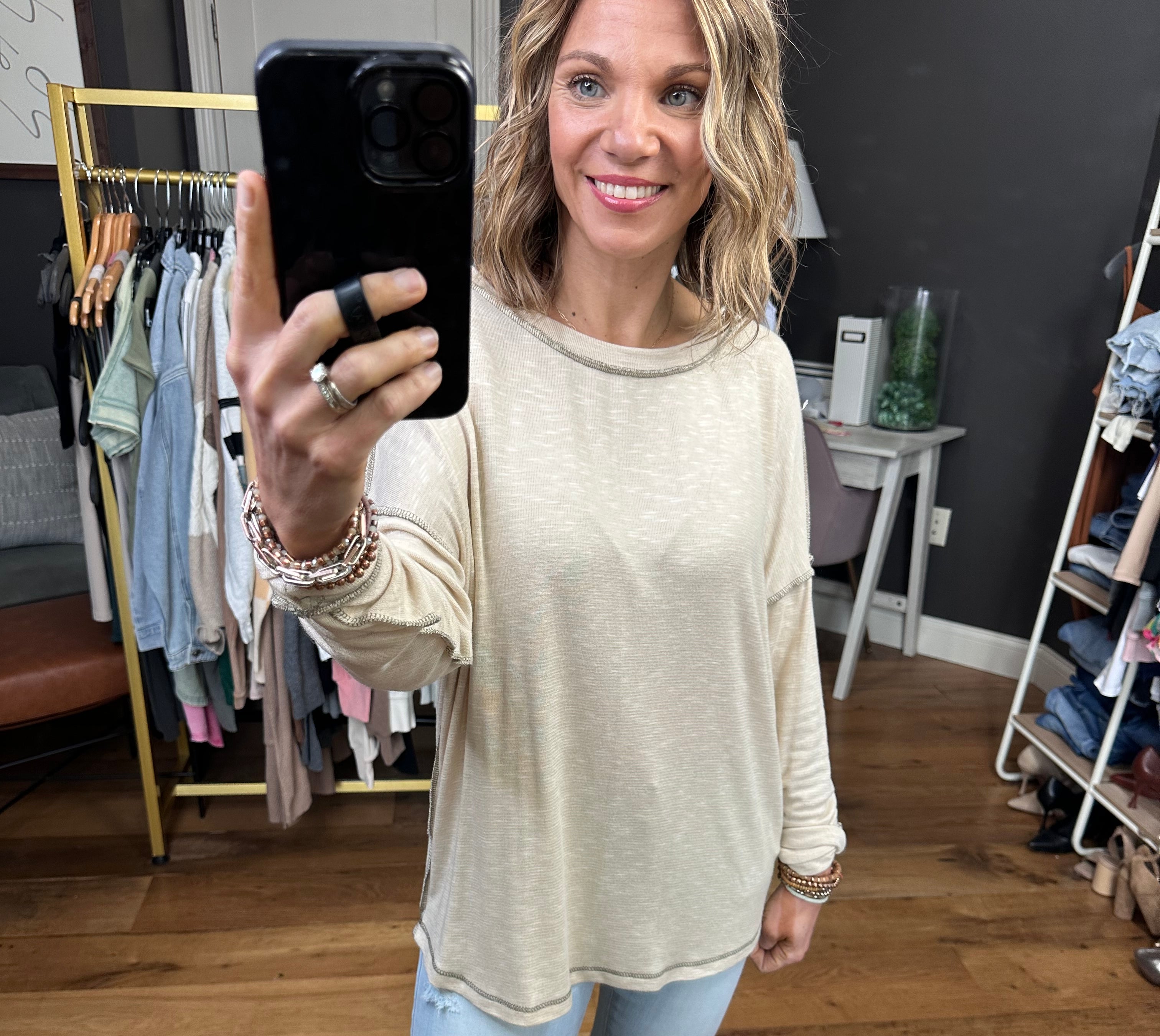 True Already Washed Raw Hem Long Sleeve Top - Oatmeal-Long Sleeves-Staccato 17125c-Anna Kaytes Boutique, Women's Fashion Boutique in Grinnell, Iowa