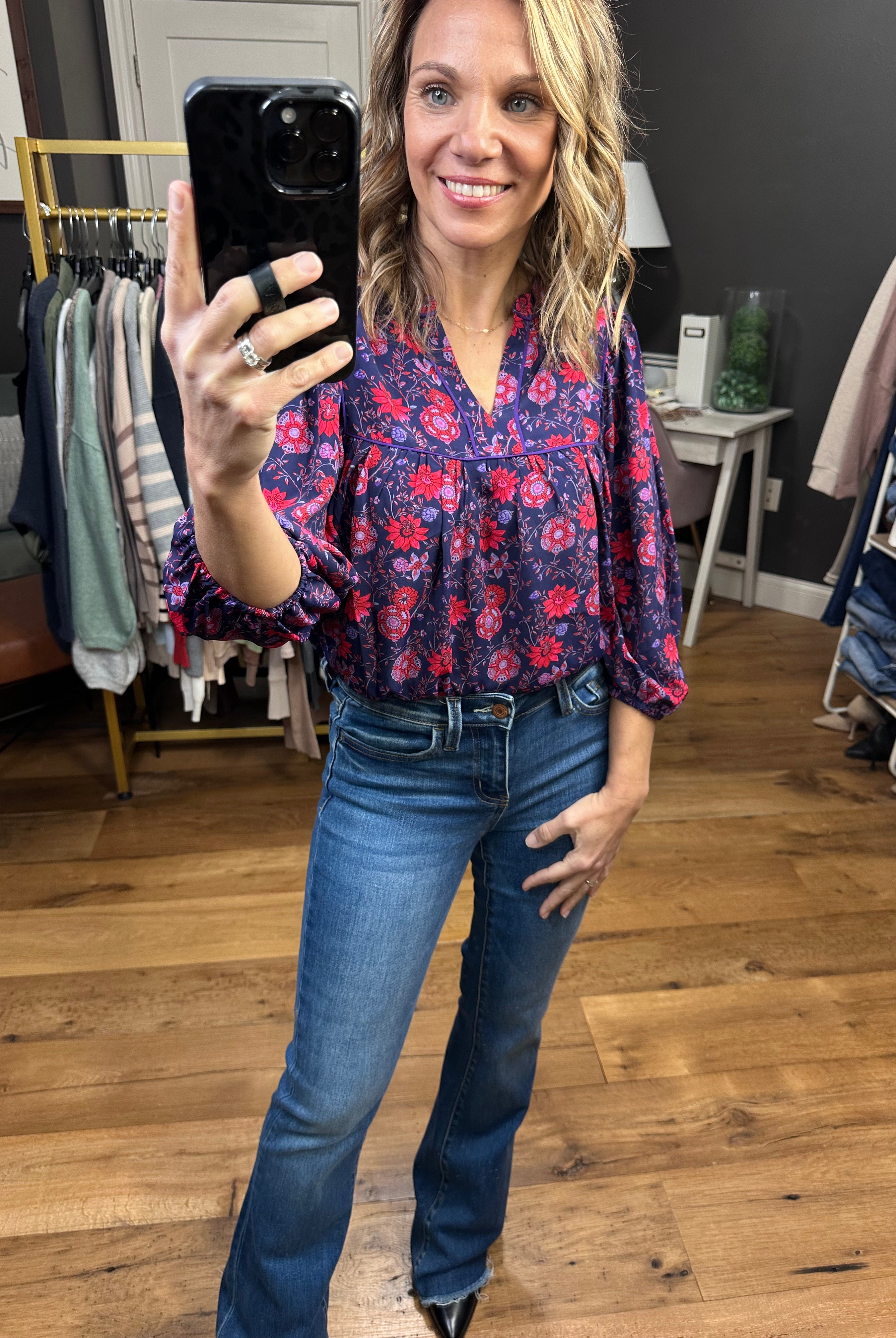 Spring Awaits Flowy Floral Top With Pleat Detail - Grape/Red-Long Sleeves-Skies Are blue 45521-Anna Kaytes Boutique, Women's Fashion Boutique in Grinnell, Iowa