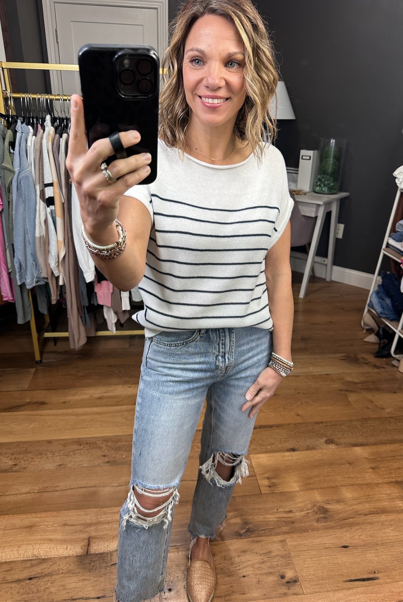 Namely Nautical Short Sleeve Striped Sweater - Ivory/Navy-Sweaters-Staccato 54520-Anna Kaytes Boutique, Women's Fashion Boutique in Grinnell, Iowa