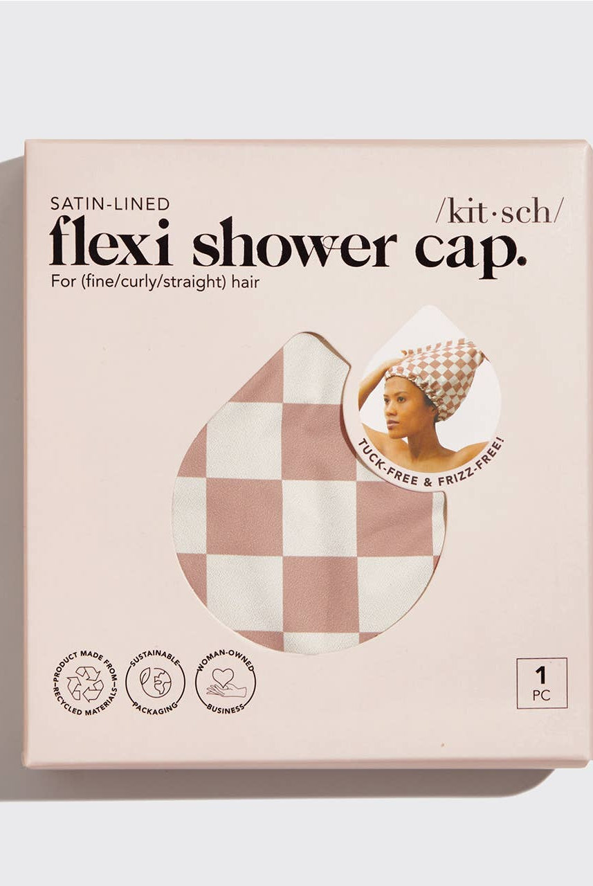 Satin Lined Flexi Shower Cap - Terracotta Checker-Hair Accessories-KITSCH-Anna Kaytes Boutique, Women's Fashion Boutique in Grinnell, Iowa