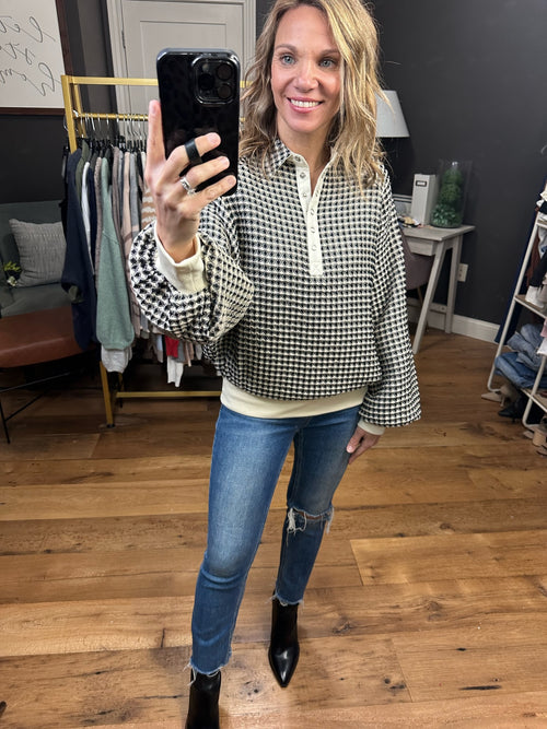 As It Starts Patterned Collared Henley Top - Cream/Black Combo-La Miel HC53576-Anna Kaytes Boutique, Women's Fashion Boutique in Grinnell, Iowa