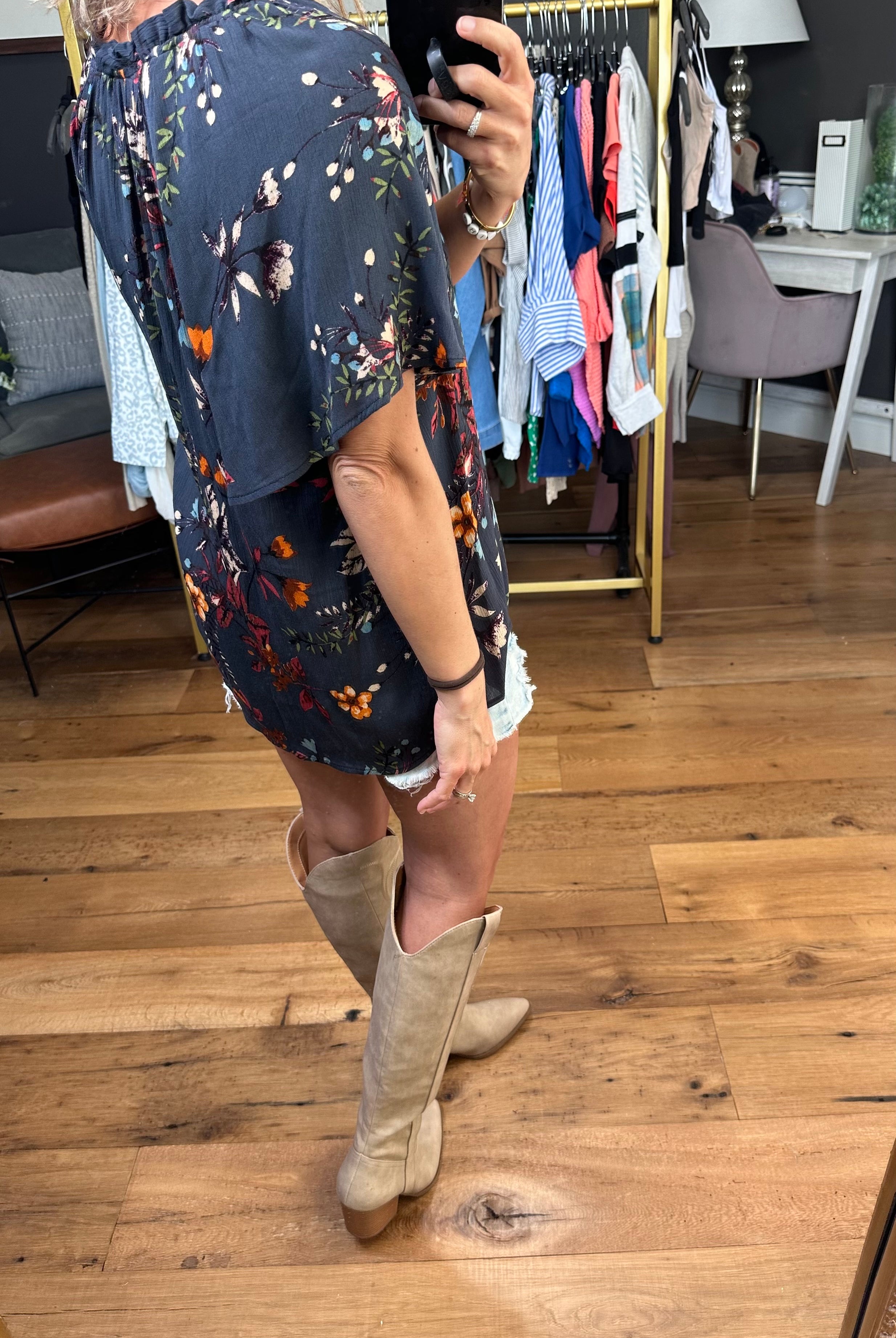 Walking Among the Wildflowers Dark Teal Flowy Top-Short Sleeves-LesAmisT1502D-Anna Kaytes Boutique, Women's Fashion Boutique in Grinnell, Iowa