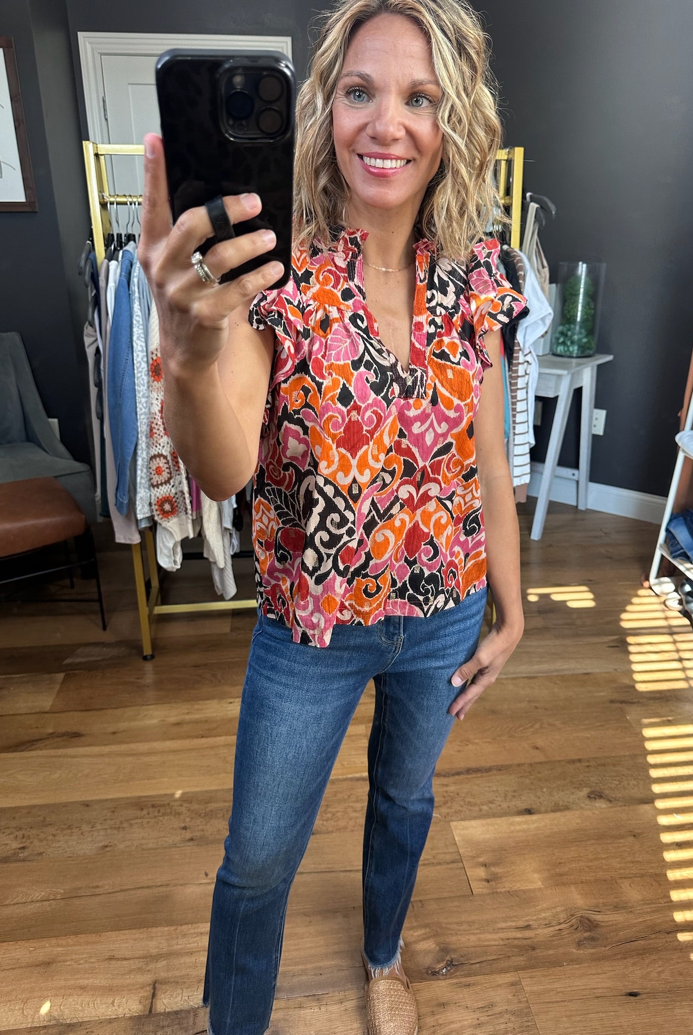 Never Look Back Patterned V-Neck Top - Black Combo-Short Sleeves-Olivaceous-Anna Kaytes Boutique, Women's Fashion Boutique in Grinnell, Iowa