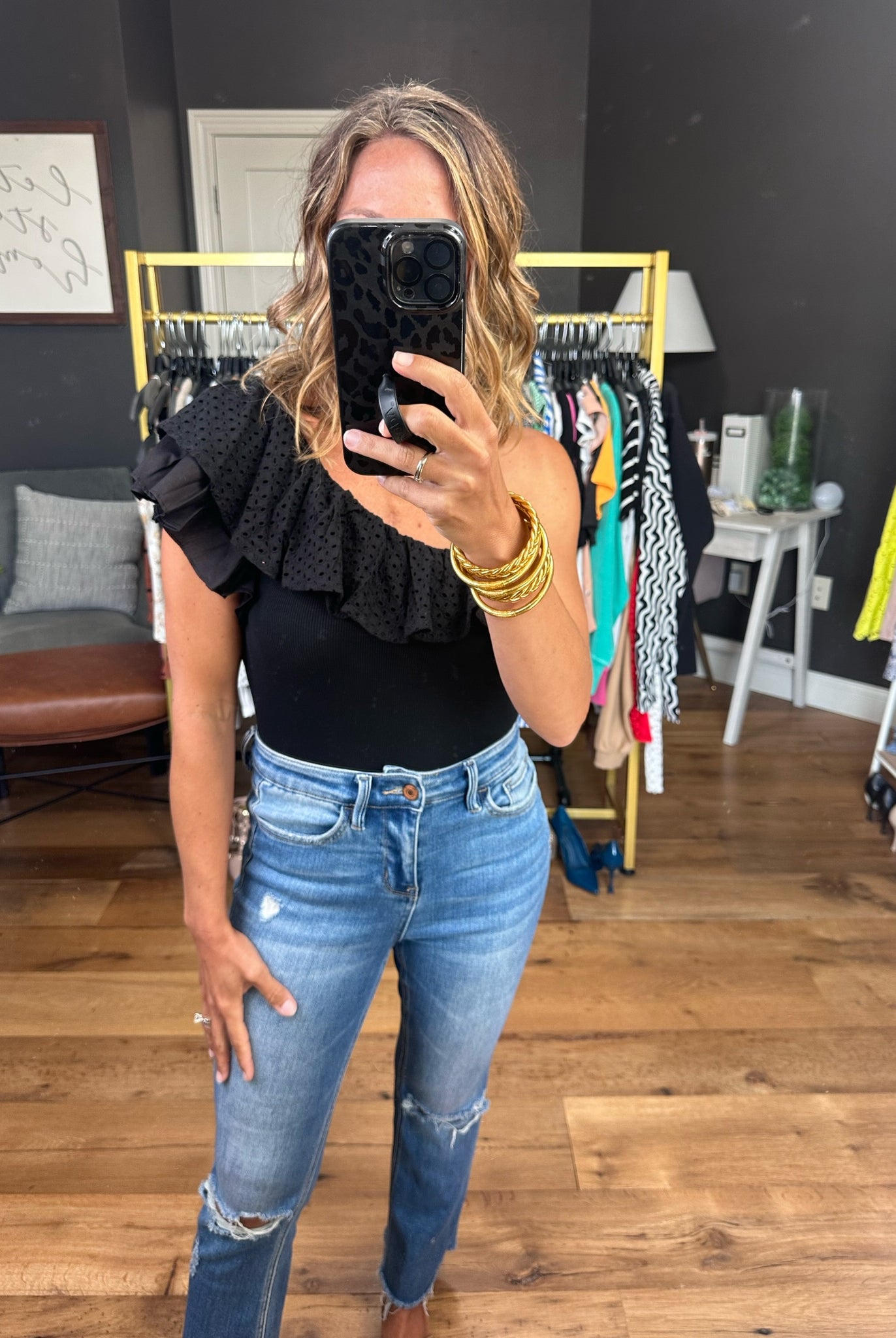 City Lights One Shoulder Ruffled Bodysuit - Black-Bodysuits-EESOME TK7630-Anna Kaytes Boutique, Women's Fashion Boutique in Grinnell, Iowa