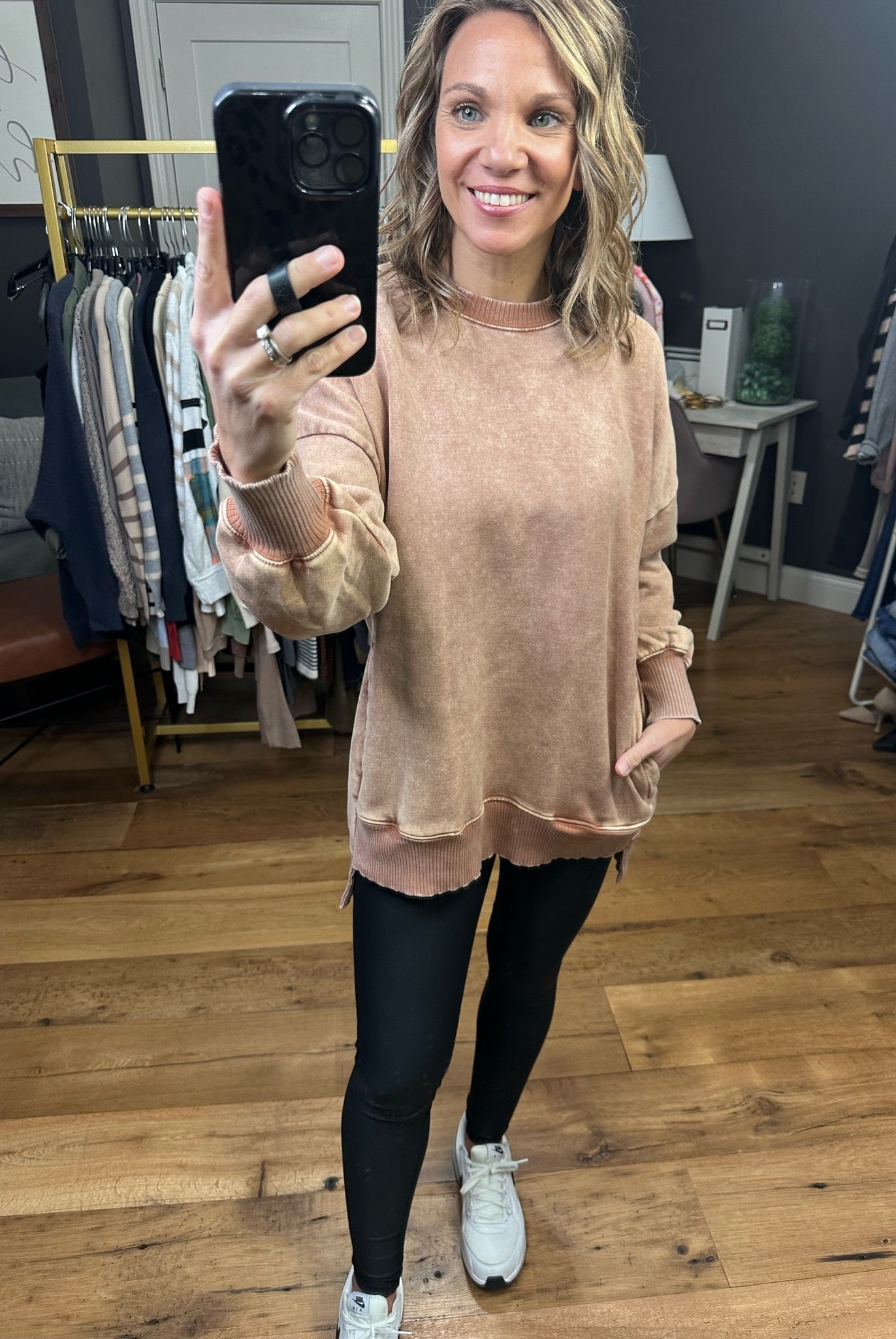 Interested To See Mineral Wash Pocket Crewneck Sweatshirt - Rust-Sweaters-Zenana OTW-4552y-Anna Kaytes Boutique, Women's Fashion Boutique in Grinnell, Iowa